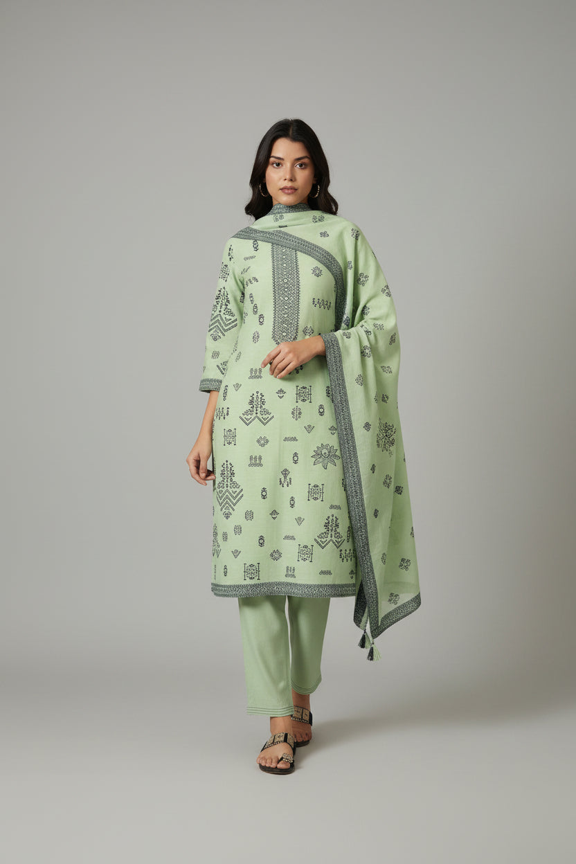 Green Linen Jacquard Set with Handwork