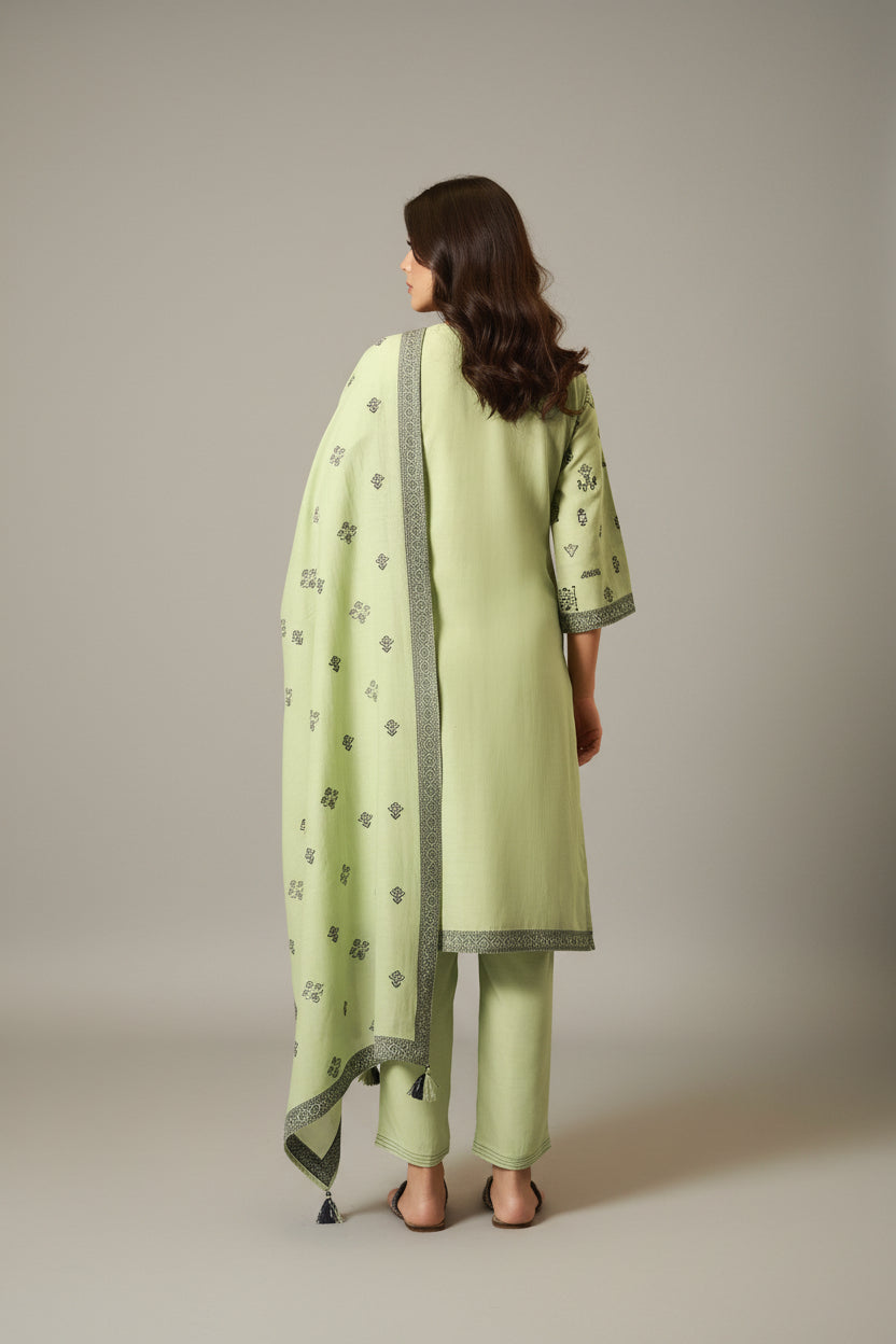 Green Linen Jacquard Set with Handwork