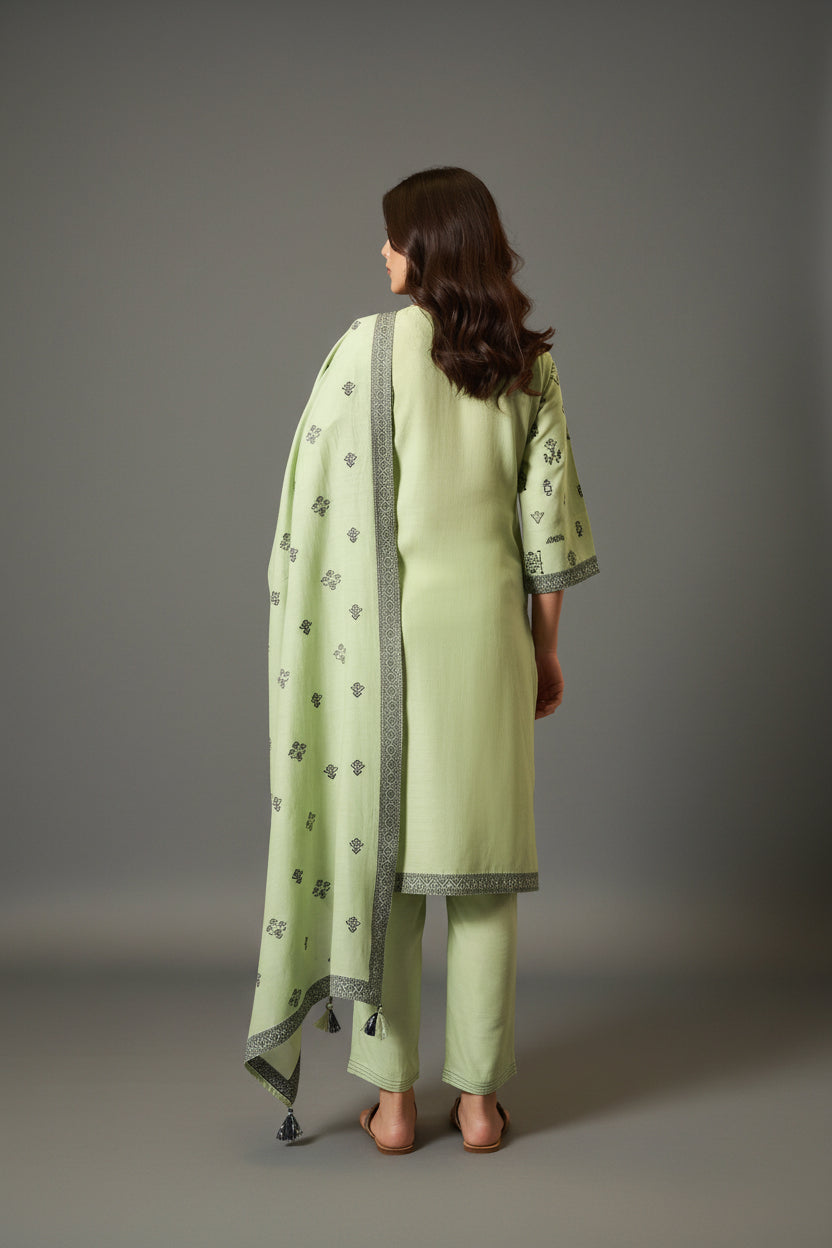 Green Linen Jacquard Set with Handwork