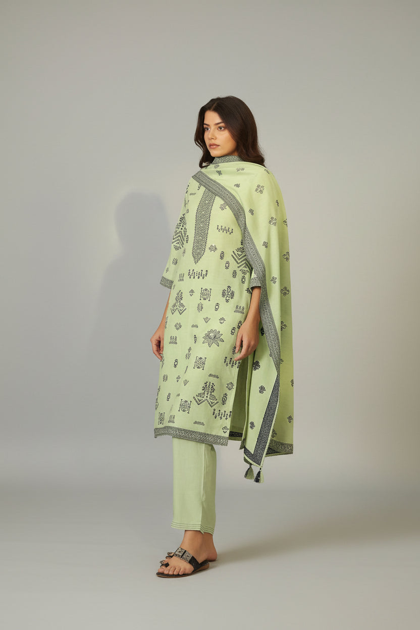 Green Linen Jacquard Set with Handwork