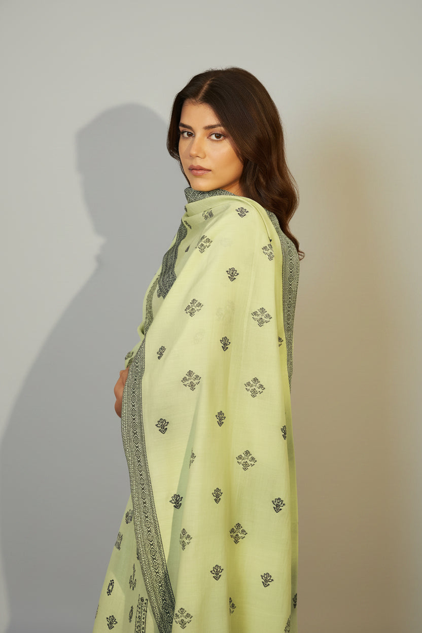 Green Linen Jacquard Set with Handwork