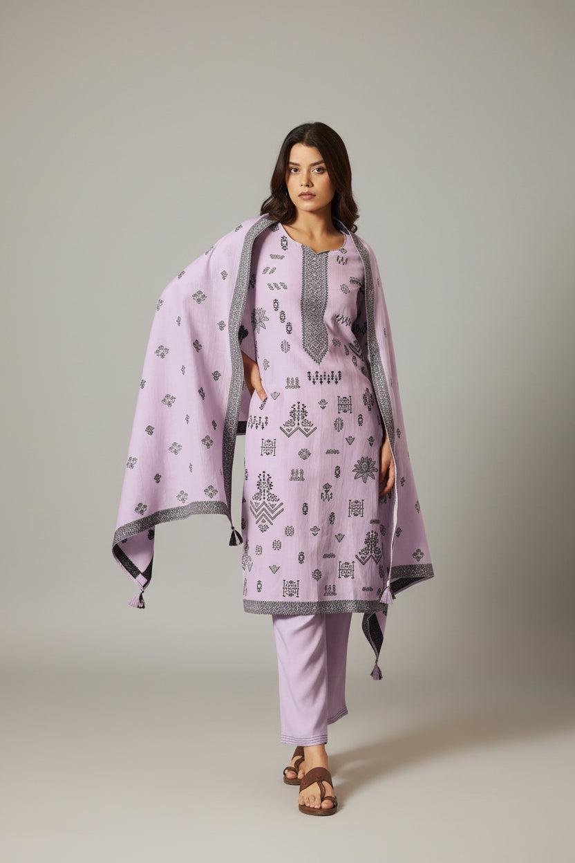 Lilac Whisper Viscose Linen Jacquard Kurta Set