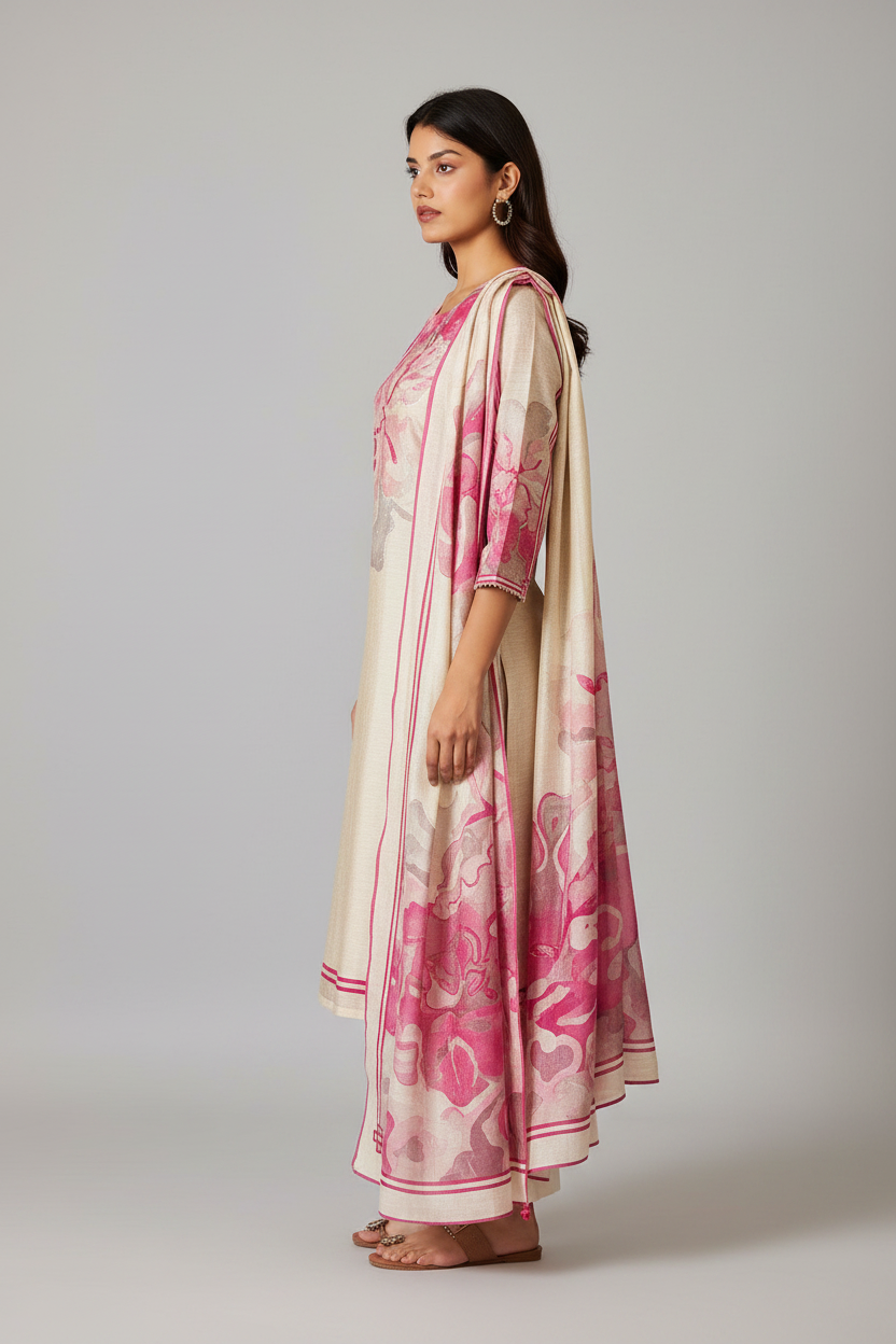 Beige Bloom Shimmer Linen Digital Print Kurta Set