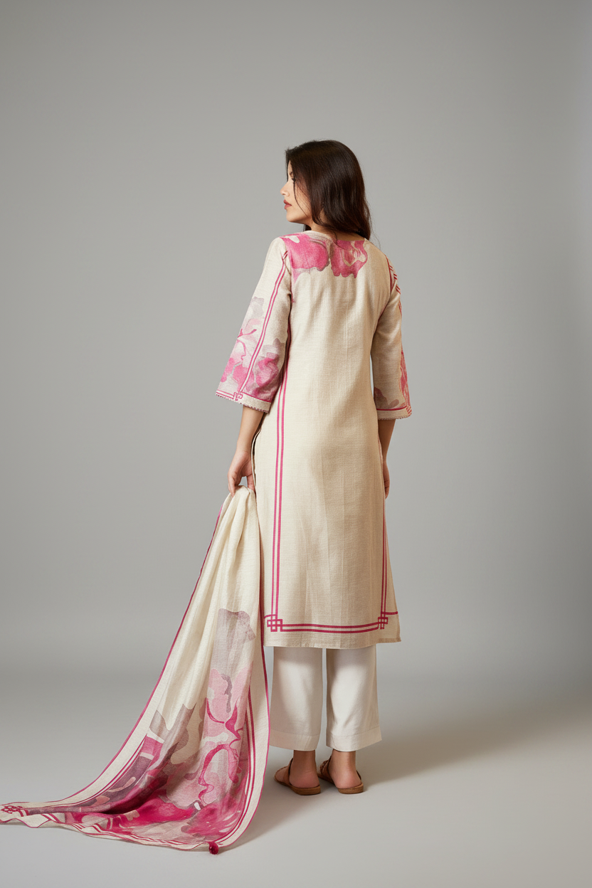 Beige Bloom Shimmer Linen Digital Print Kurta Set