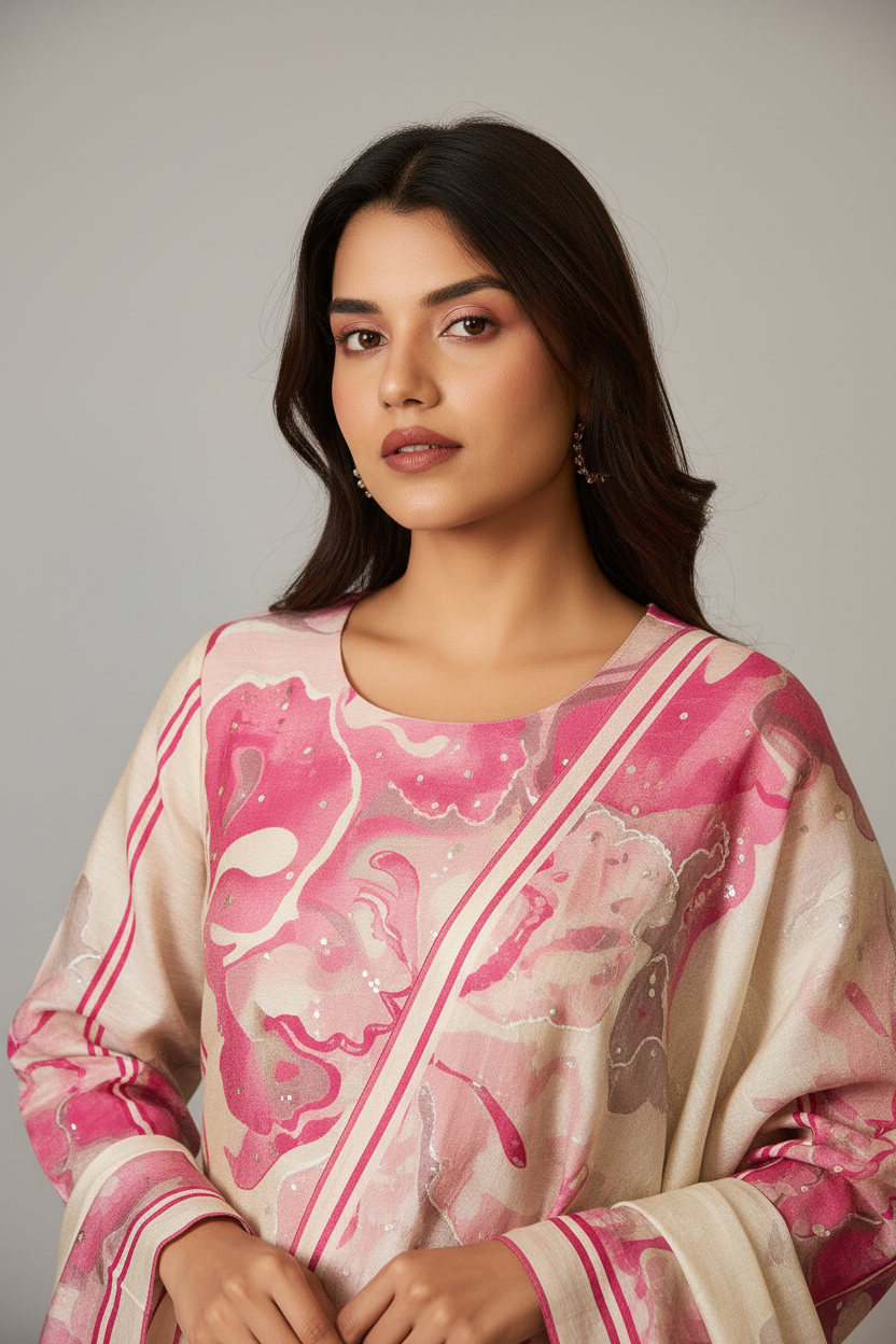 Beige Bloom Shimmer Linen Digital Print Kurta Set