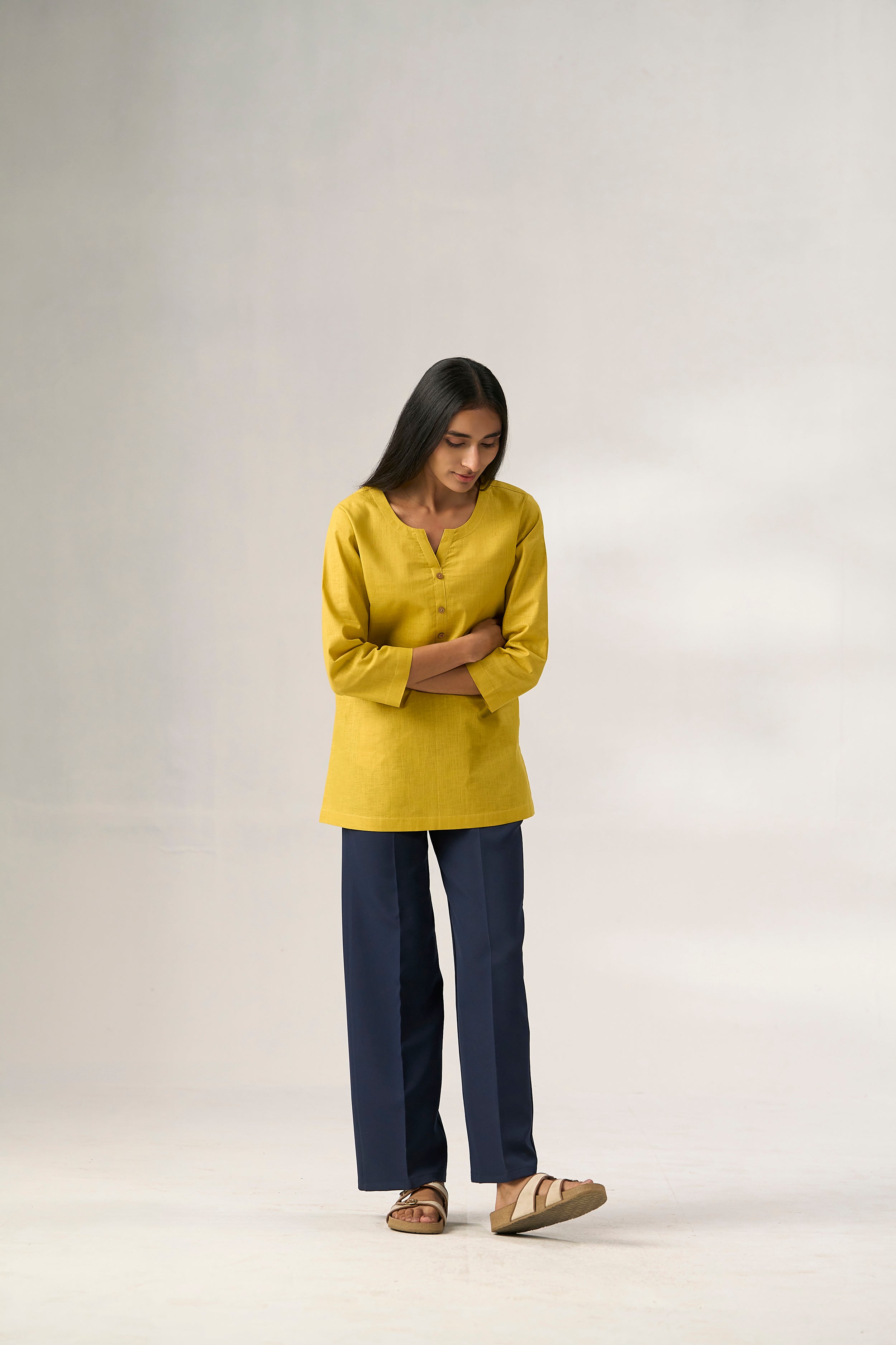 Yellow Cotton Linen Plain Tunic with Buttoning Details