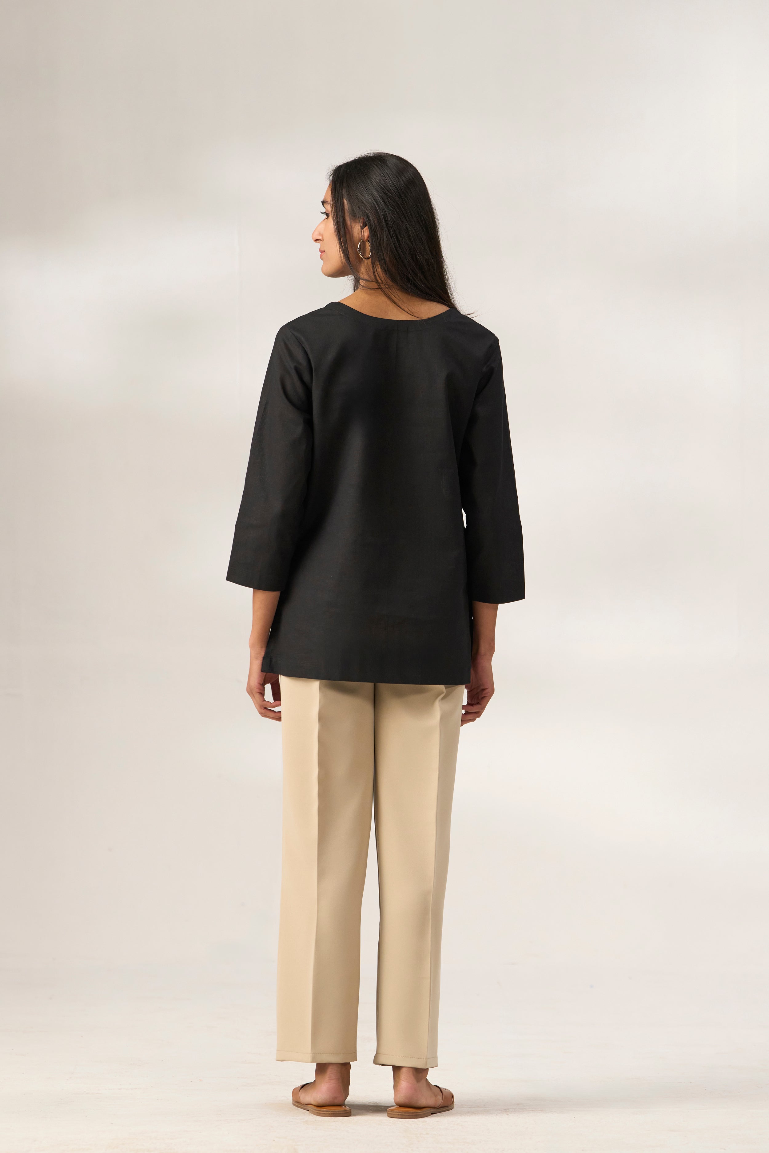 Black Cotton Linen Plain Tunic with Buttoning Details