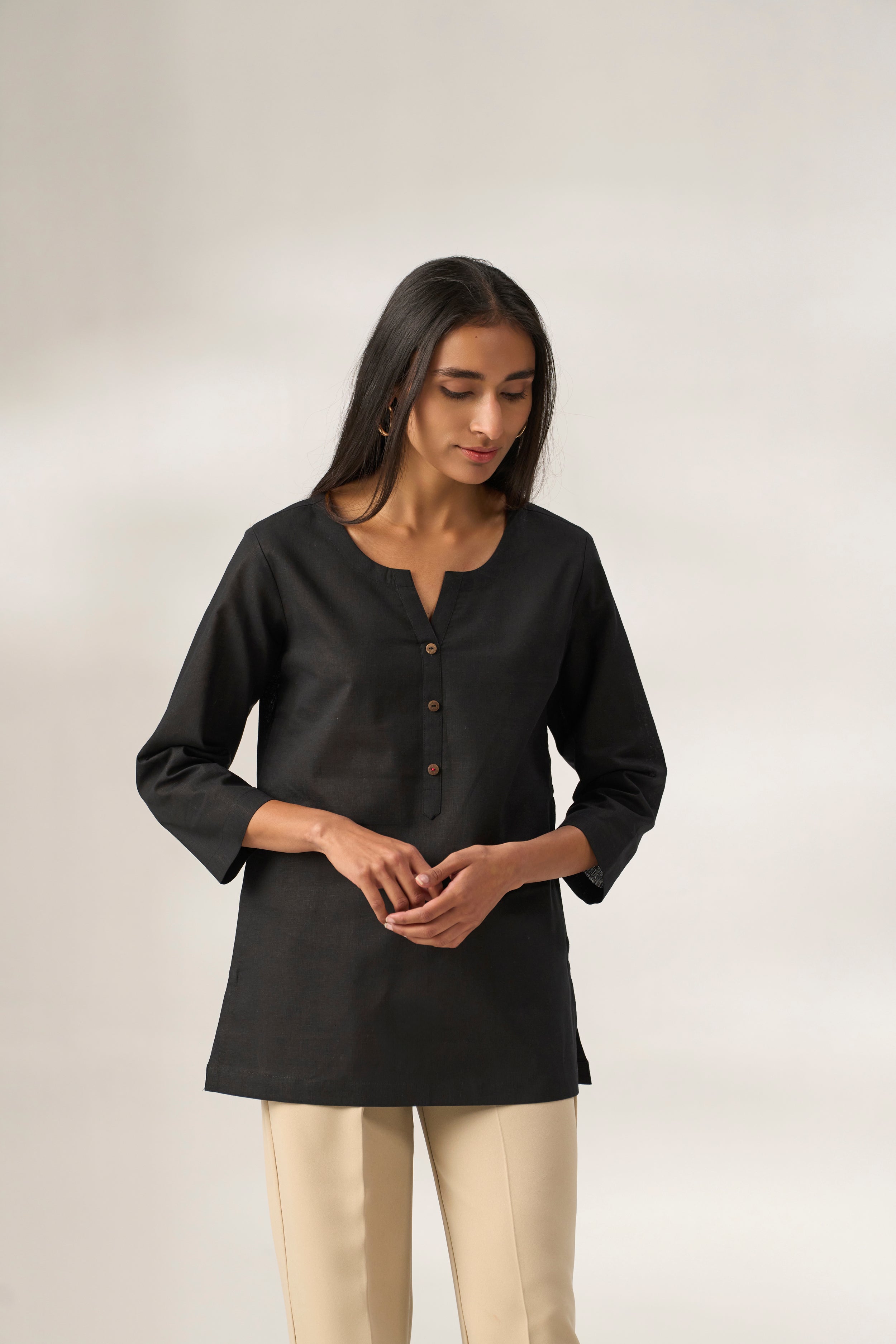 Black Cotton Linen Plain Tunic with Buttoning Details
