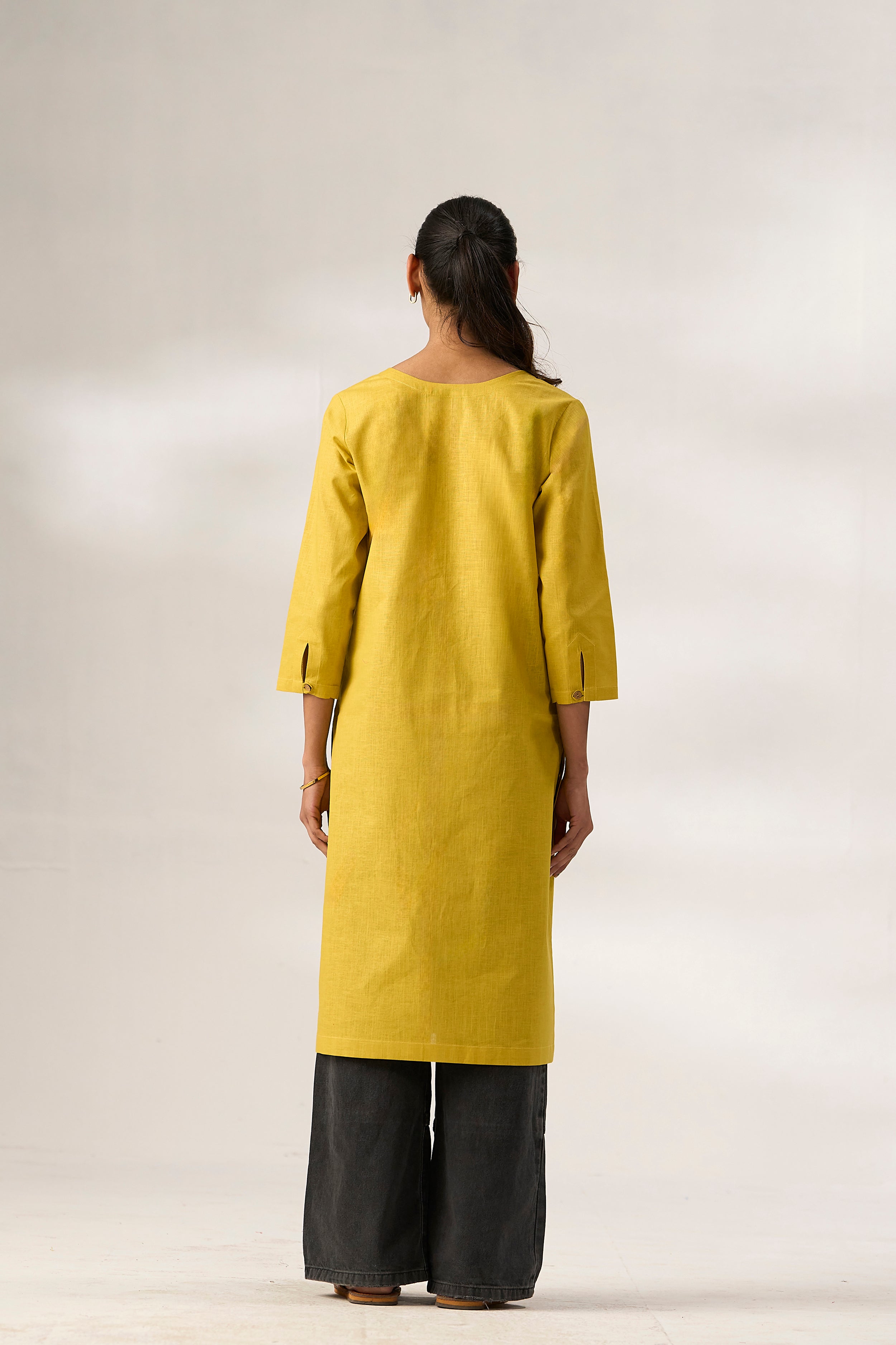 Yellow Cotton Linen Plain Kurti with Buttoning Details