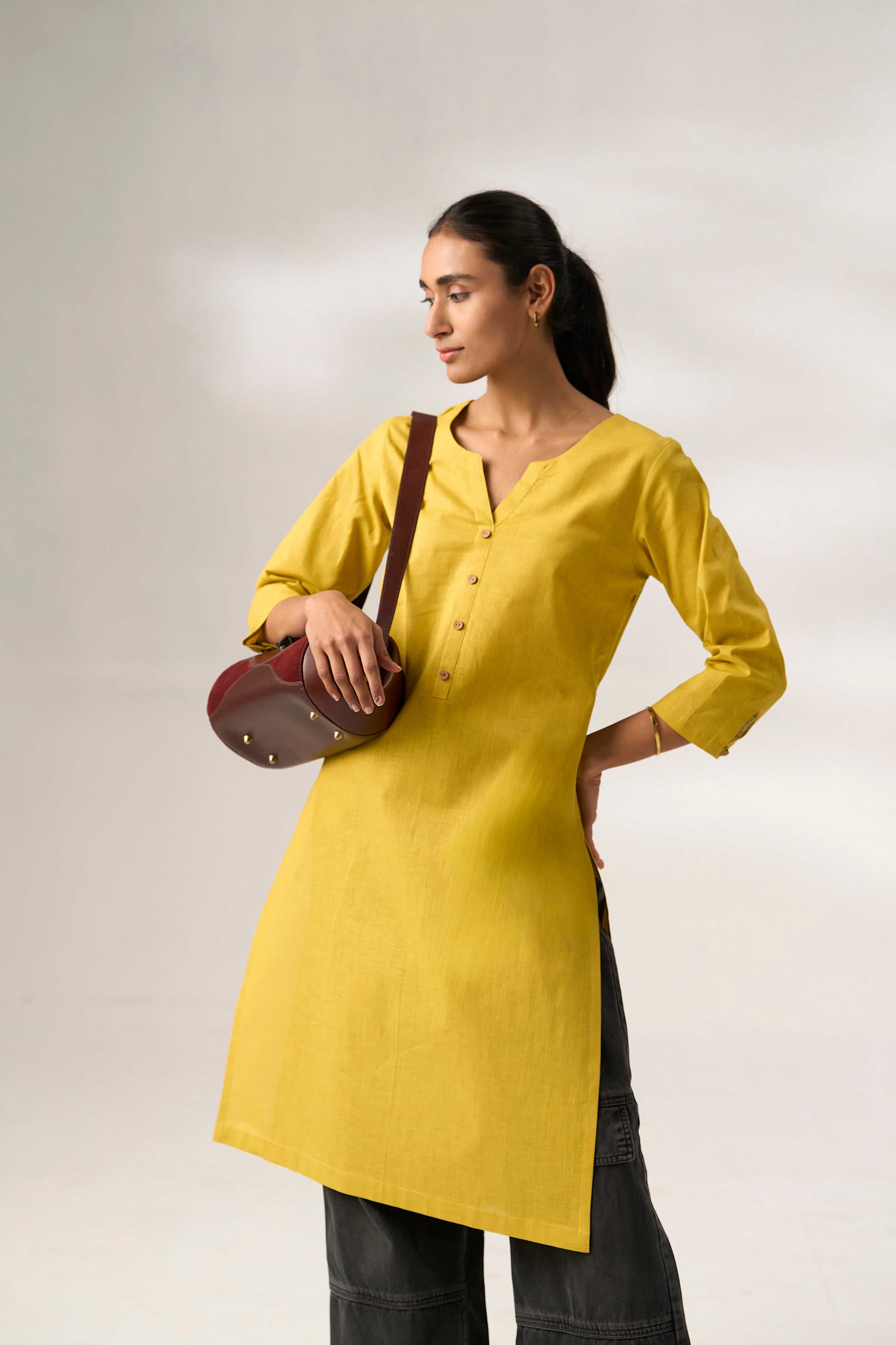 Yellow Cotton Linen Plain Kurti with Buttoning Details