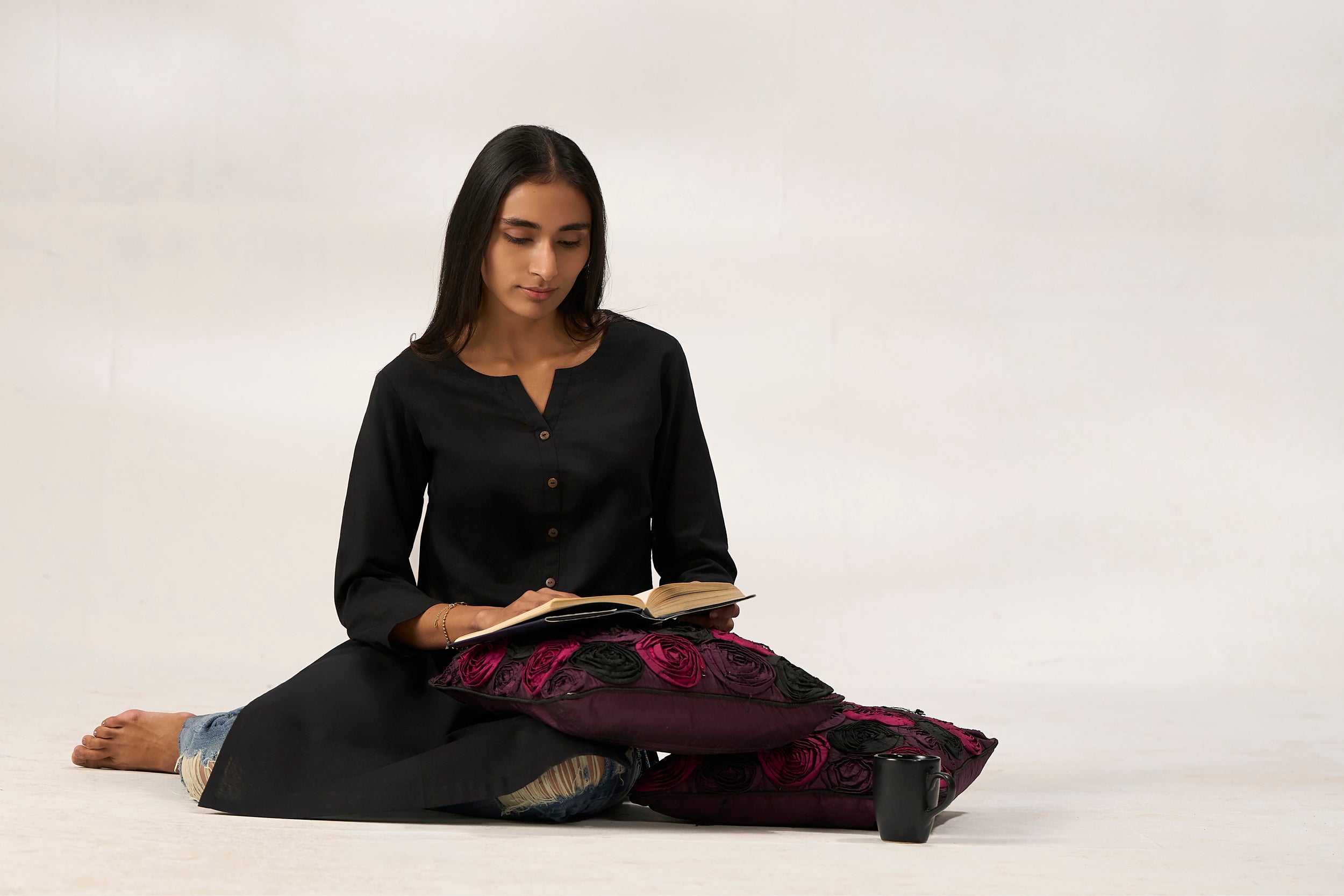 Black Cotton Linen Plain Kurti with Buttoning Details