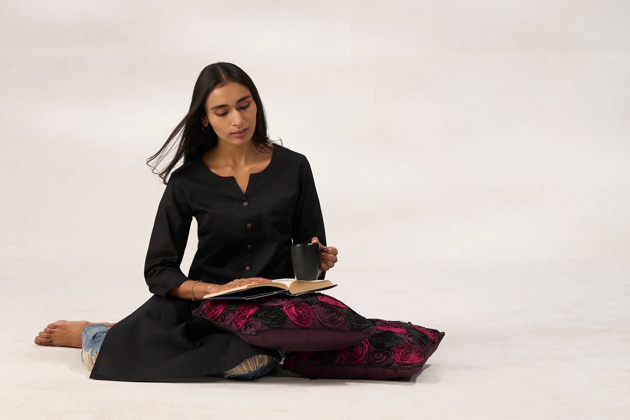 Black Cotton Linen Plain Kurti with Buttoning Details