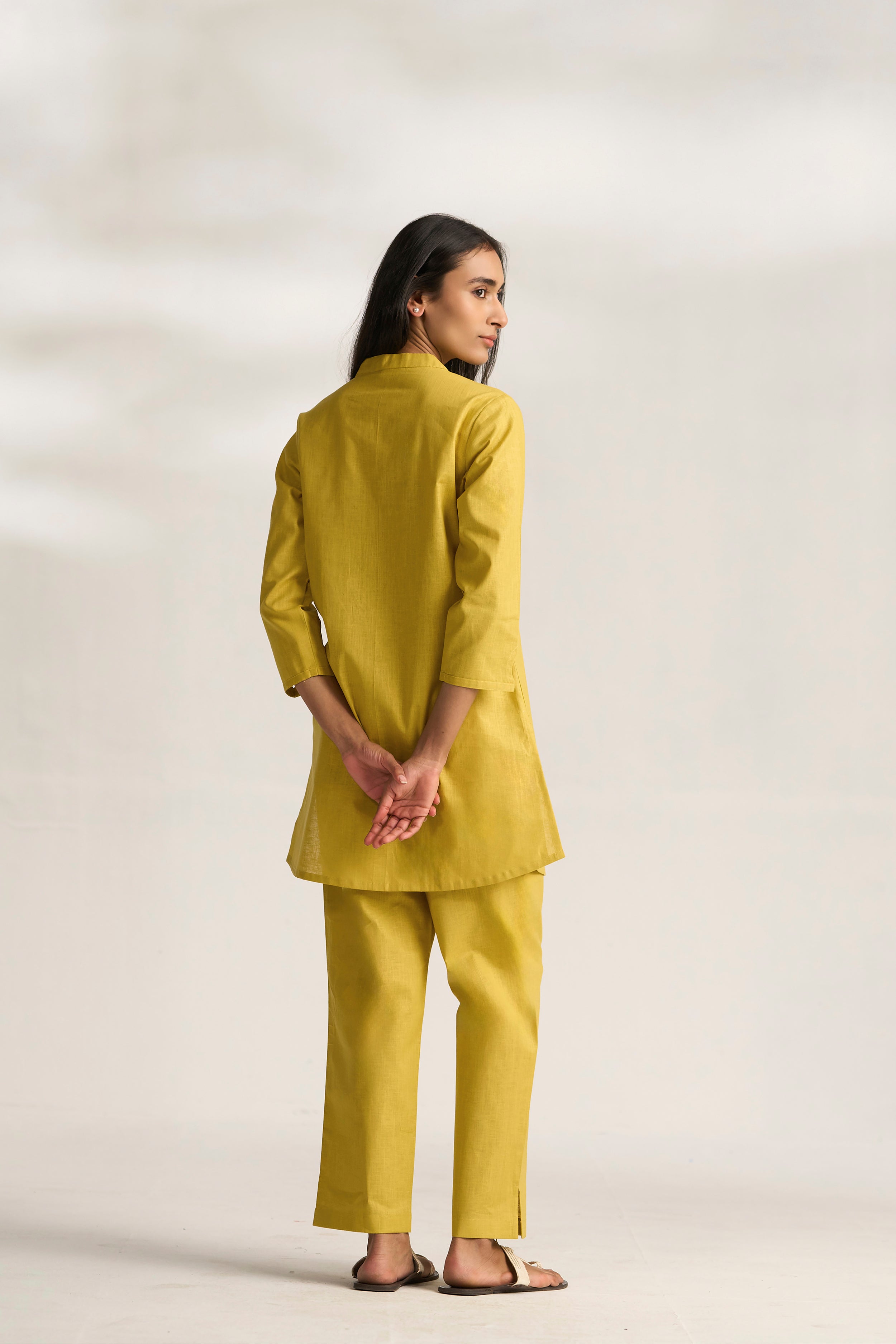 Yellow Cotton Linen Plain Co-ord Set with Buttoning Details