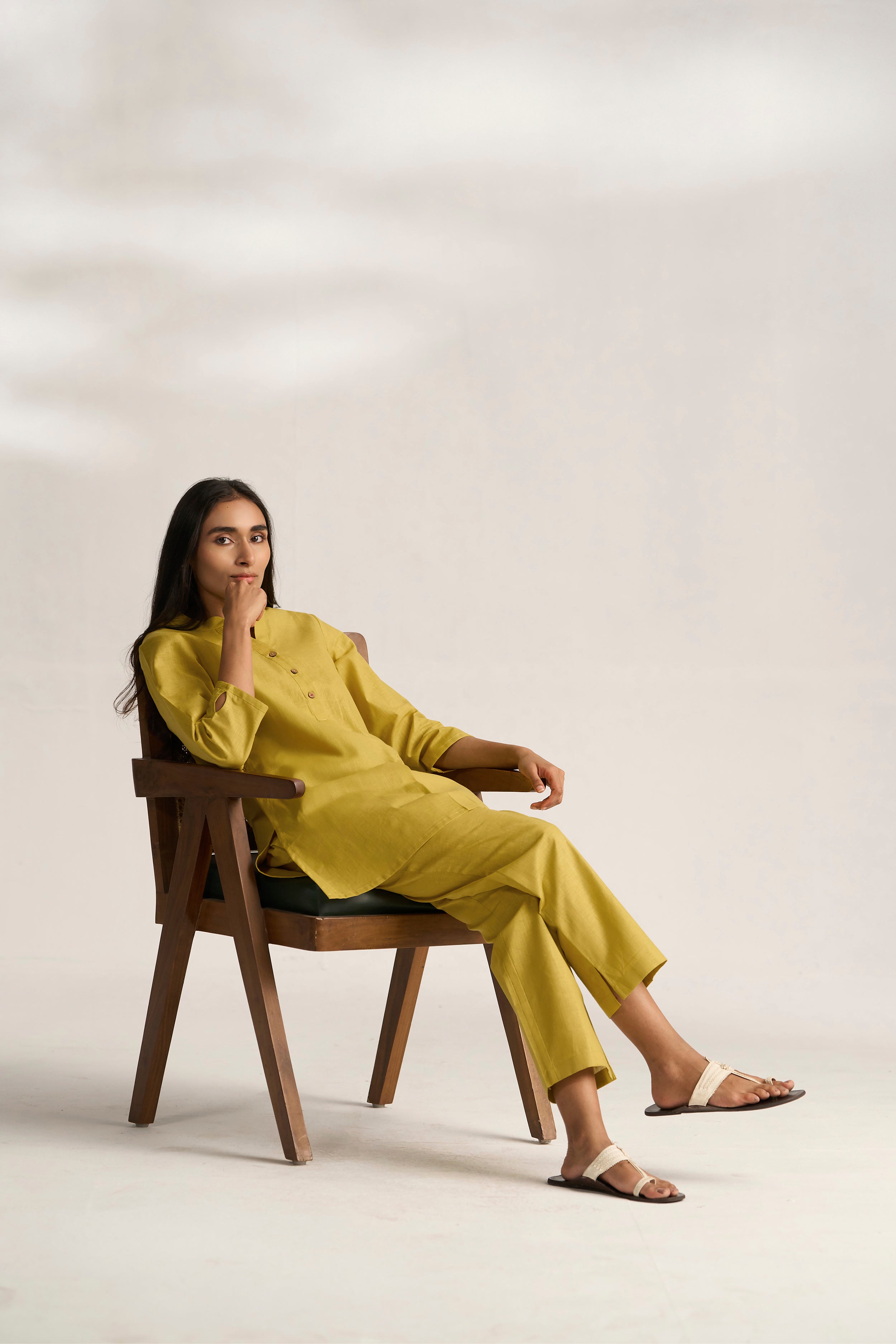 Yellow Cotton Linen Plain Co-ord Set with Buttoning Details