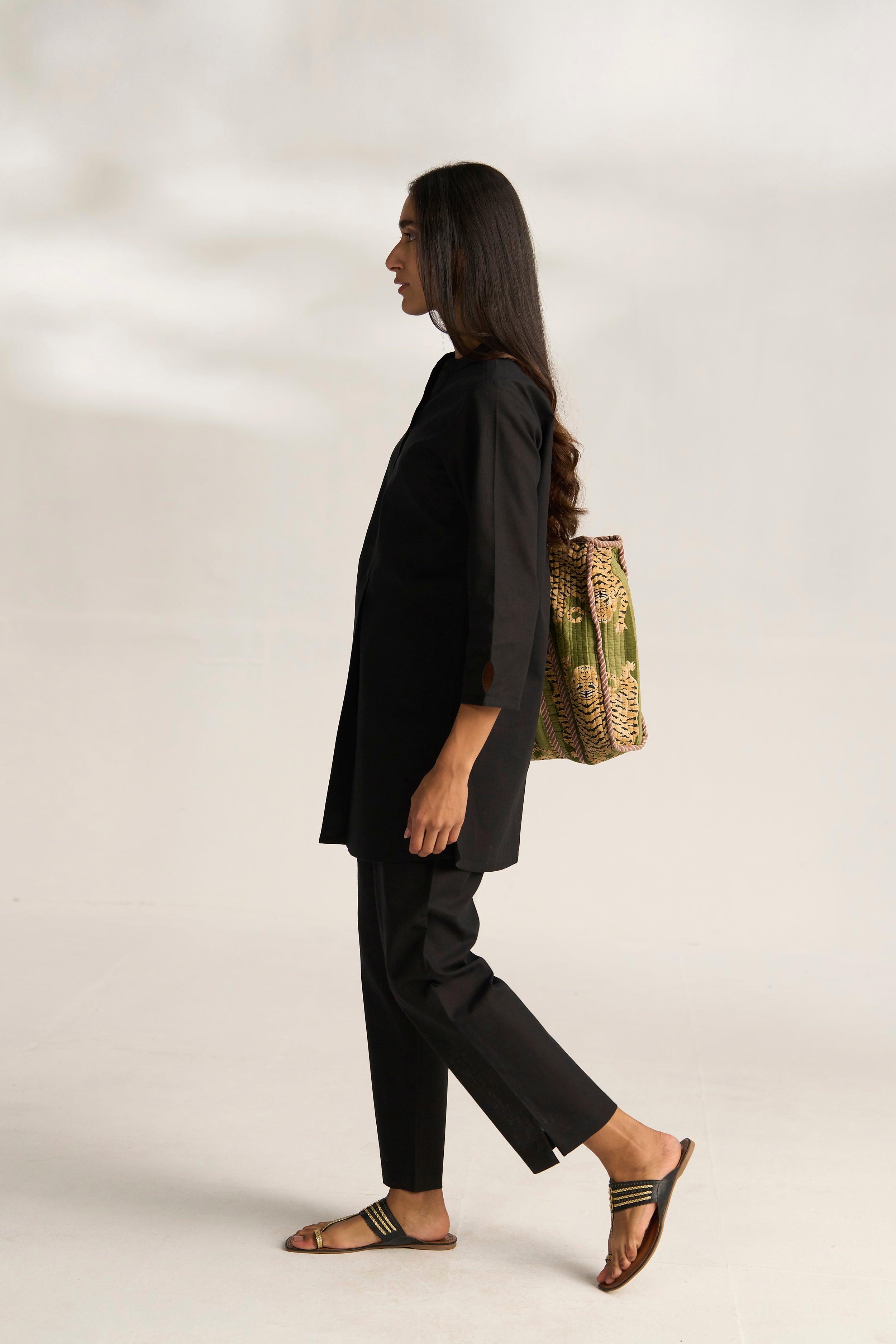 Black Cotton Linen Plain Co-ord Set with Buttoning Details