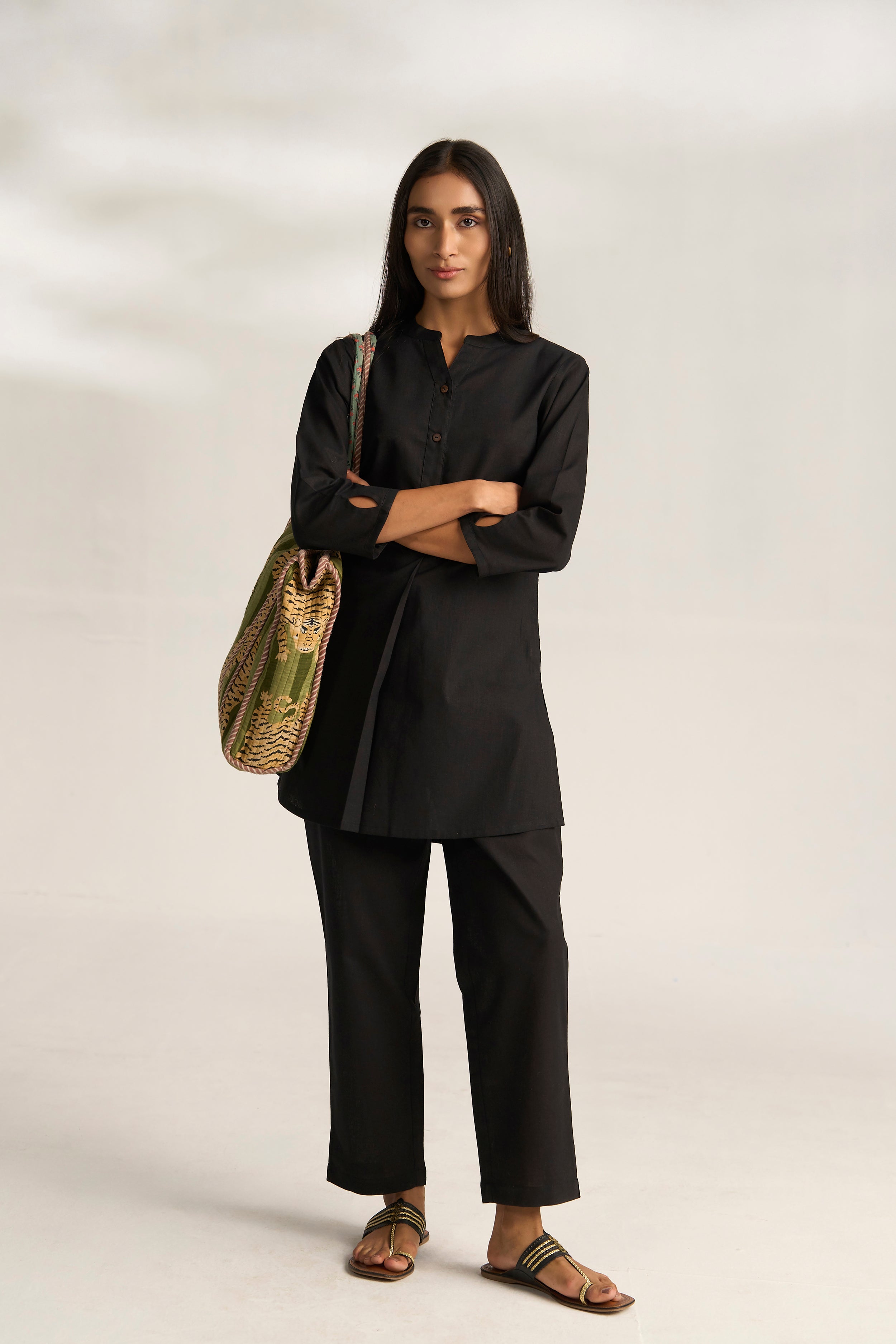 Black Cotton Linen Plain Co-ord Set with Buttoning Details
