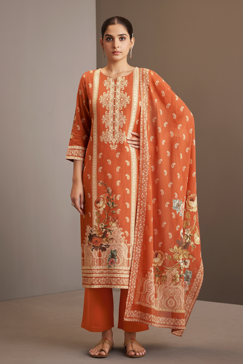 Rust Amber Cotton Linen Digital Printed Kurta Set
