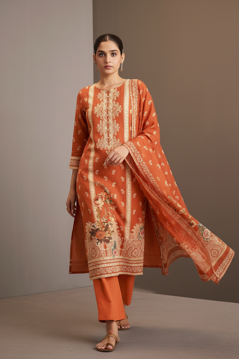 Rust Amber Cotton Linen Digital Printed Kurta Set