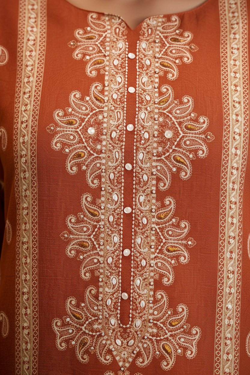 Rust Amber Cotton Linen Digital Printed Kurta Set