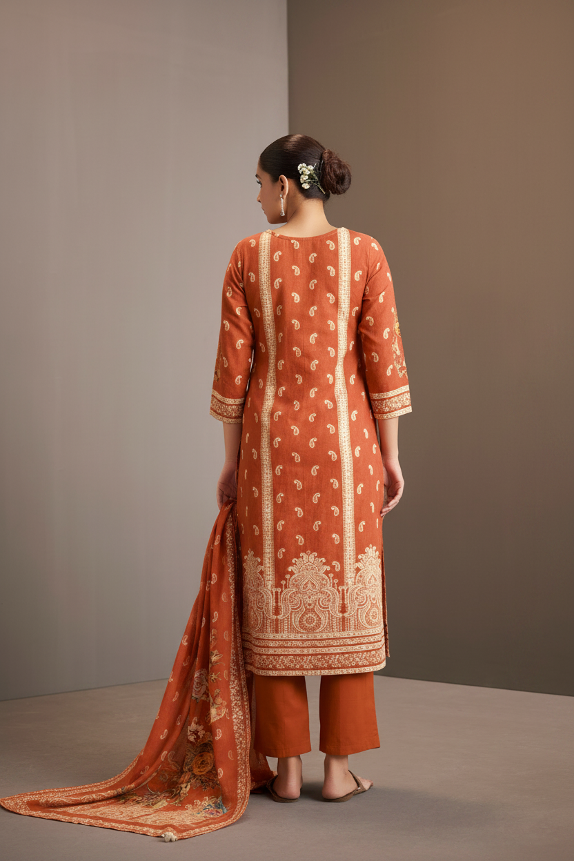 Rust Amber Cotton Linen Digital Printed Kurta Set