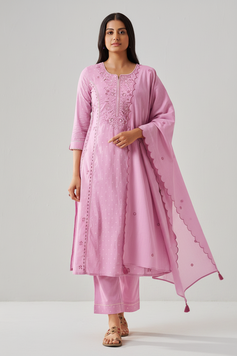 Lilac Blush Table Print Embroidered Kurta Set