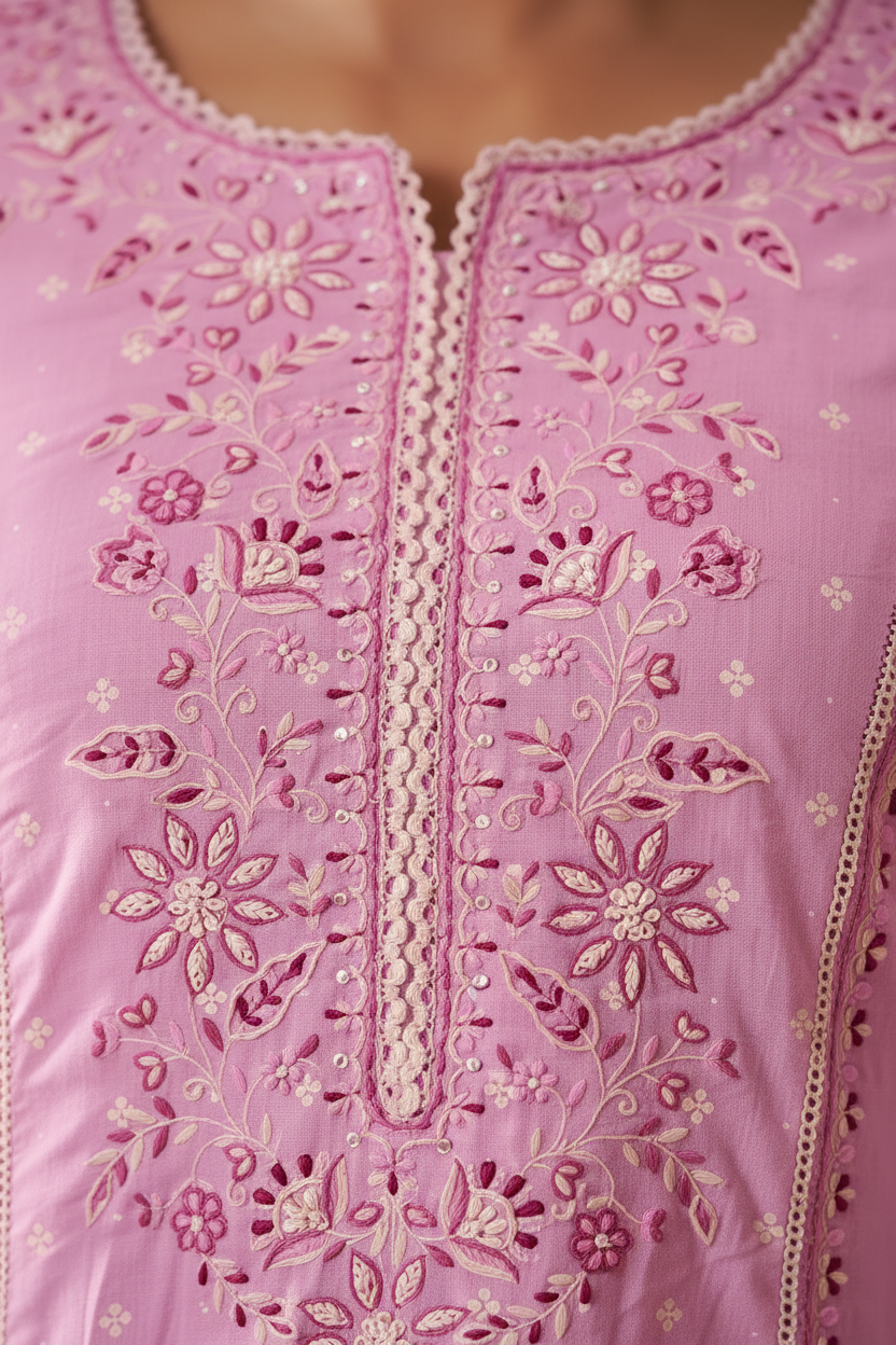 Lilac Blush Table Print Embroidered Kurta Set