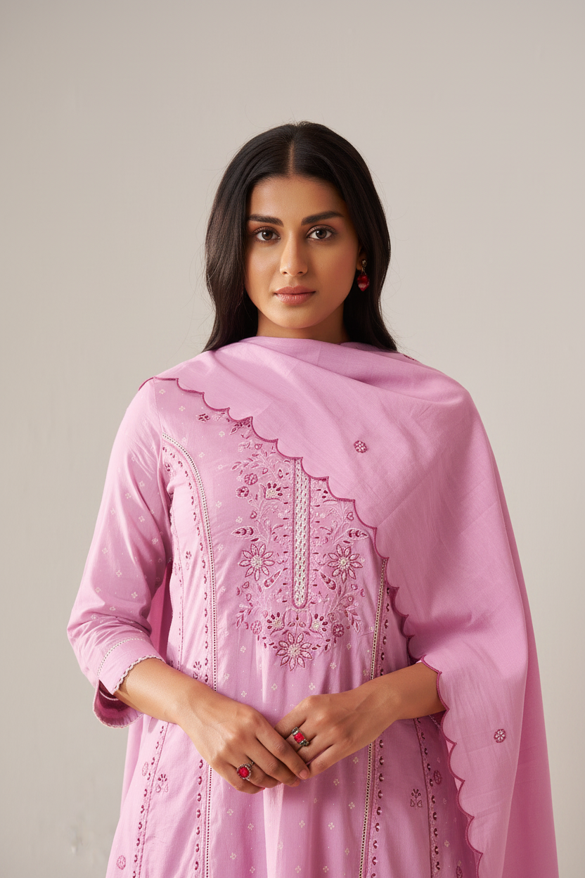 Lilac Blush Table Print Embroidered Kurta Set