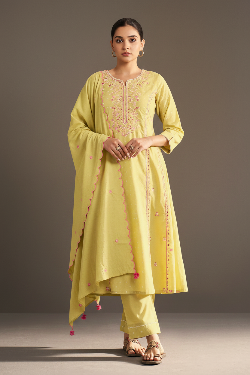 Lime Sorbet Table Print Embroidered Kurta Set