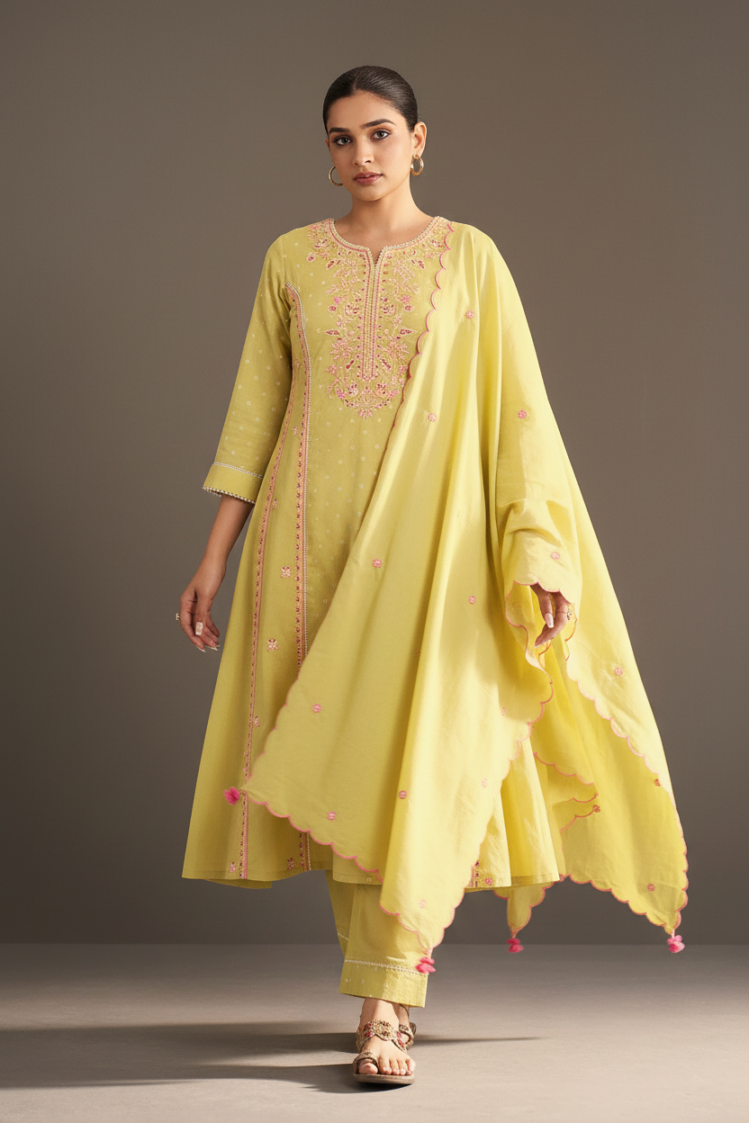 Lime Sorbet Table Print Embroidered Kurta Set