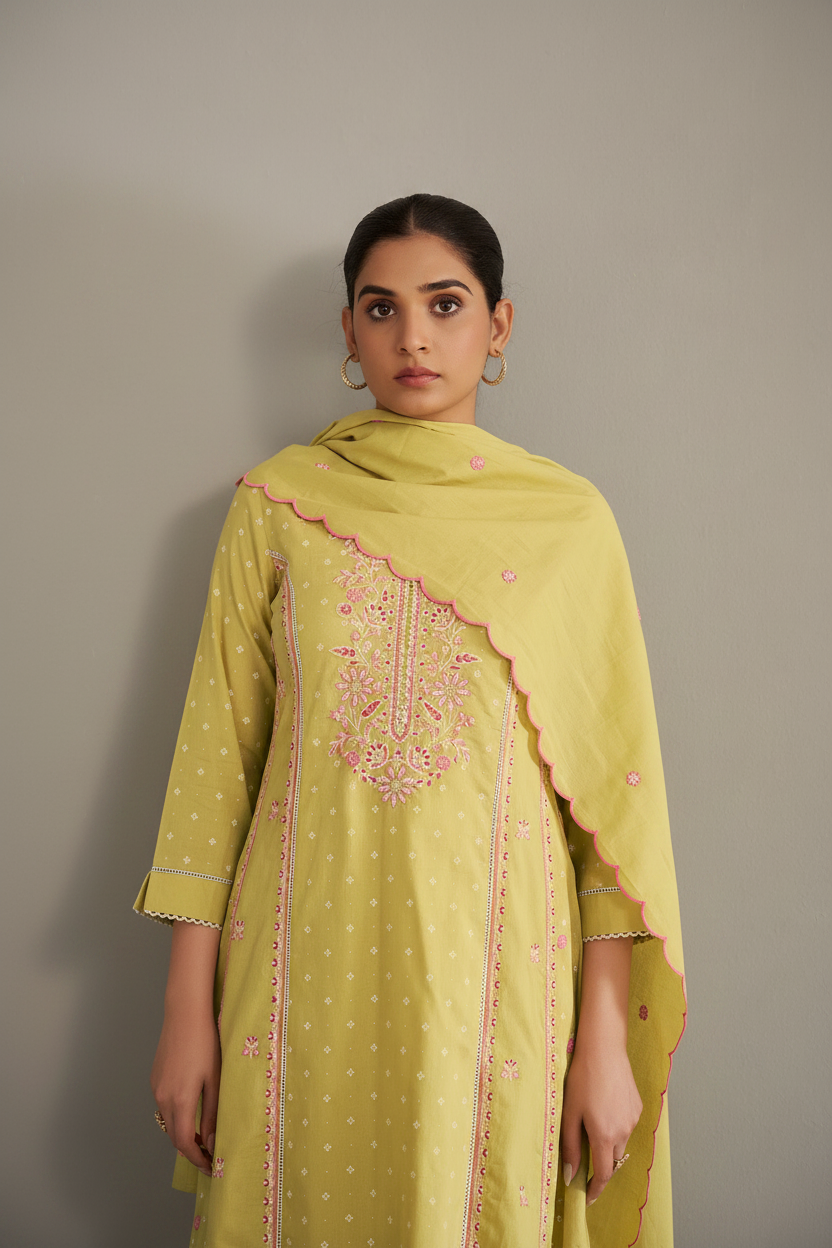 Lime Sorbet Table Print Embroidered Kurta Set