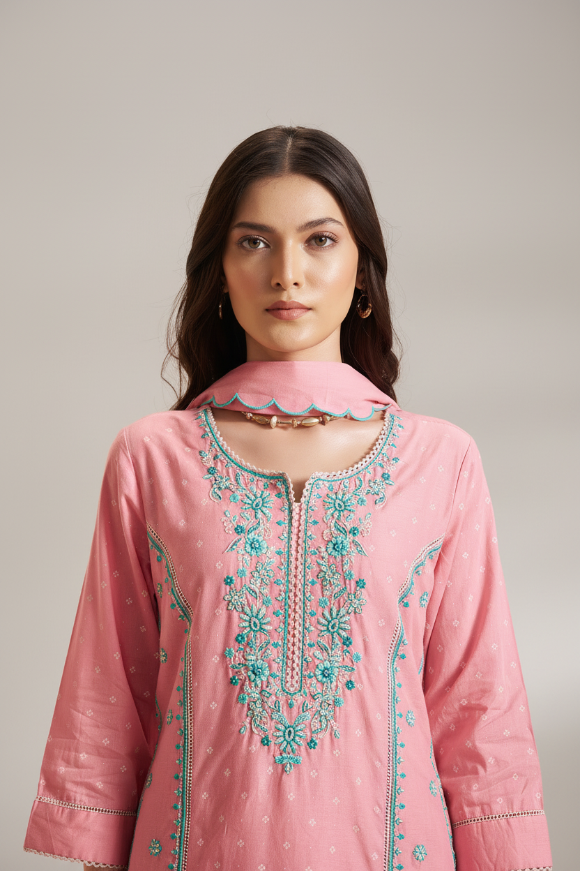 Rosy Flamingo Table Print Embroidered Kurta Set
