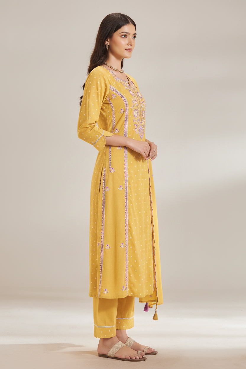 Golden Mimosa Table Print Embroidered Kurta Set