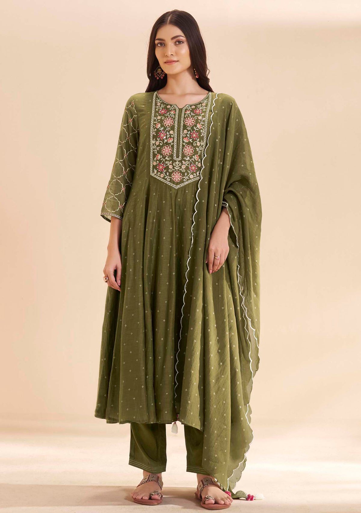 Moss Pure Chanderi Table-Print Anarkali Set
