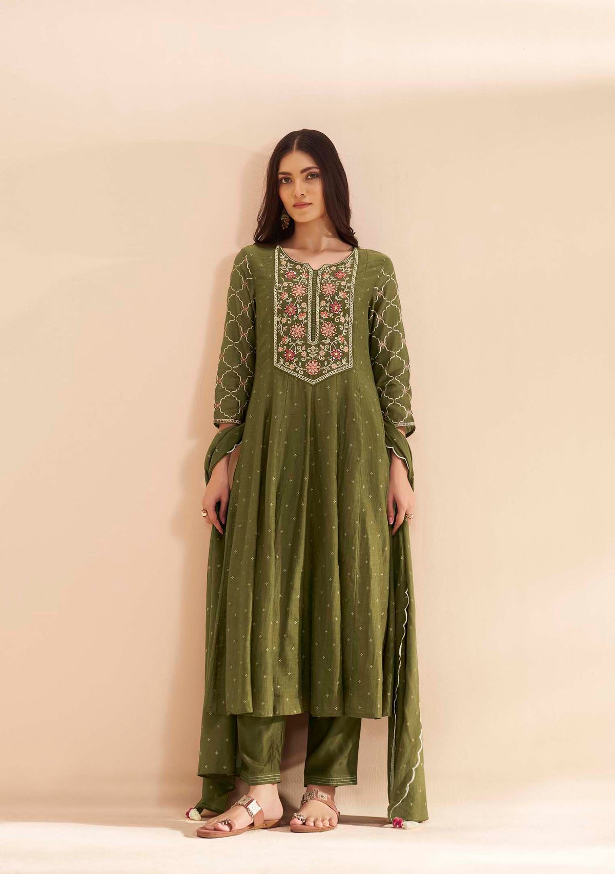 Moss Pure Chanderi Table-Print Anarkali Set