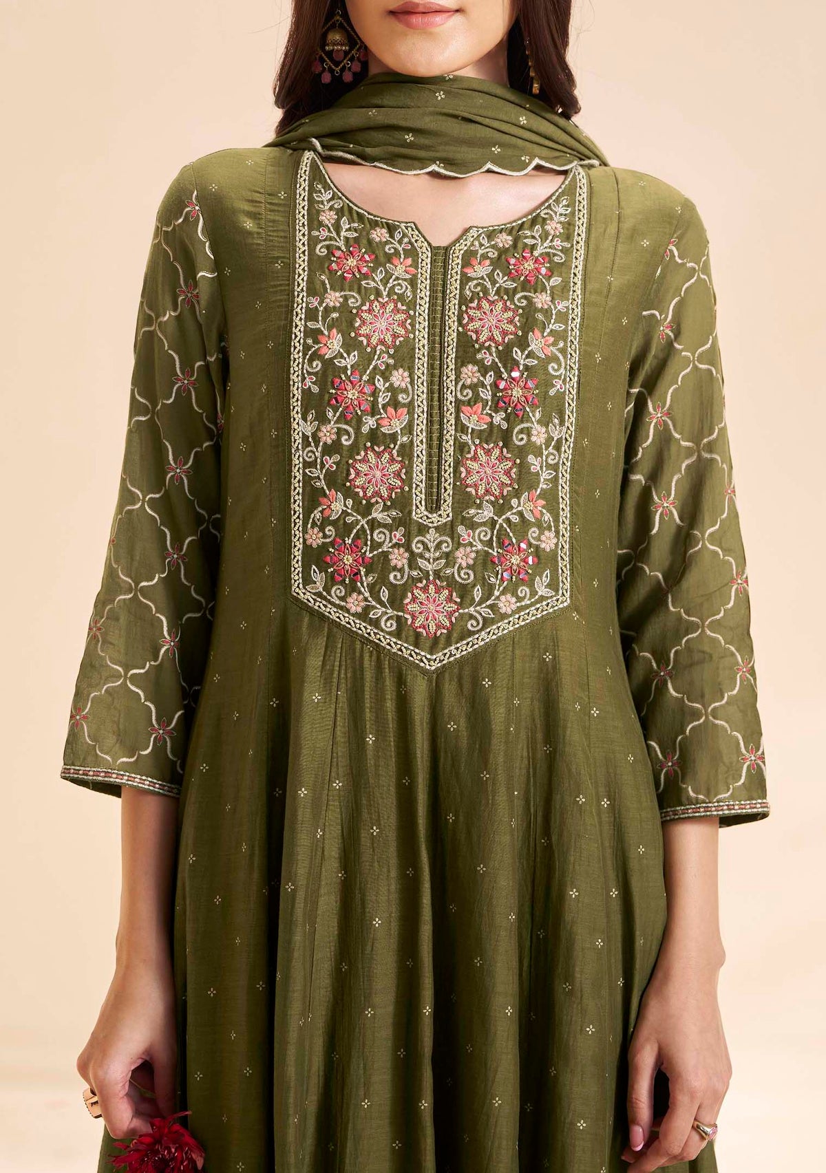Moss Pure Chanderi Table-Print Anarkali Set