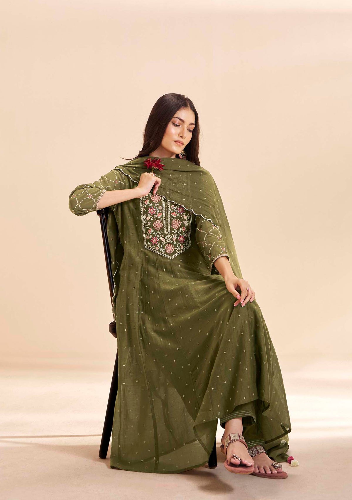 Moss Pure Chanderi Table-Print Anarkali Set