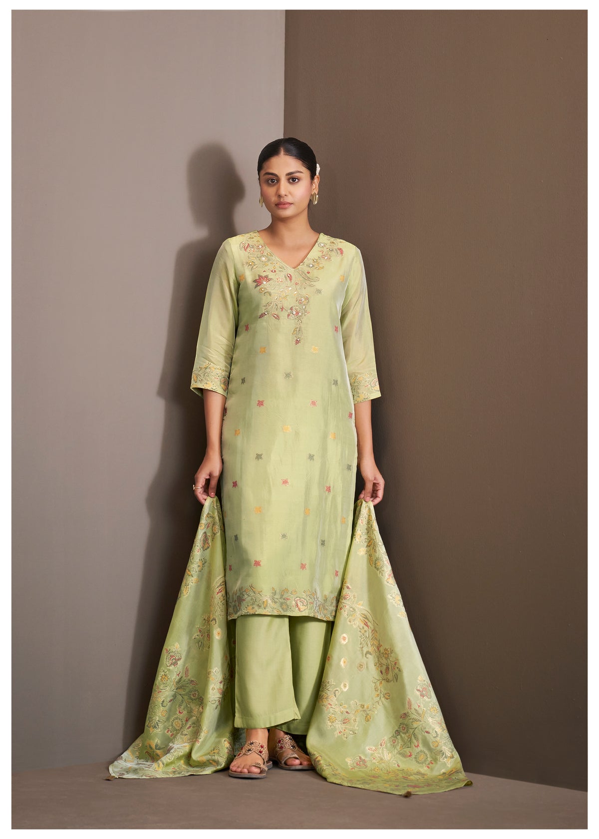 Chanderi Multi Meena Jacquard Kurti Set With Handwork | Viscose Bottom & Dupatta