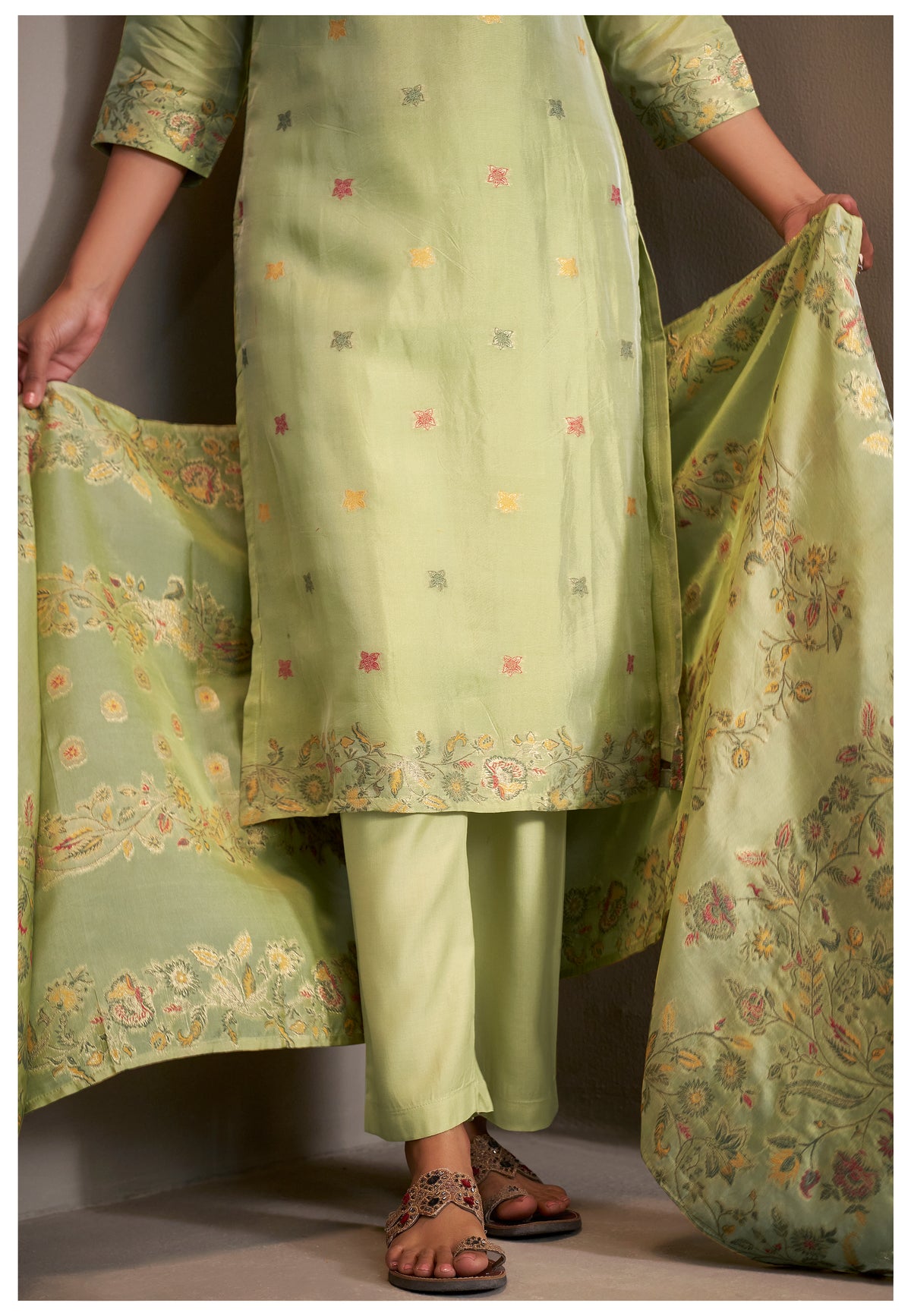Chanderi Multi Meena Jacquard Kurti Set With Handwork | Viscose Bottom & Dupatta