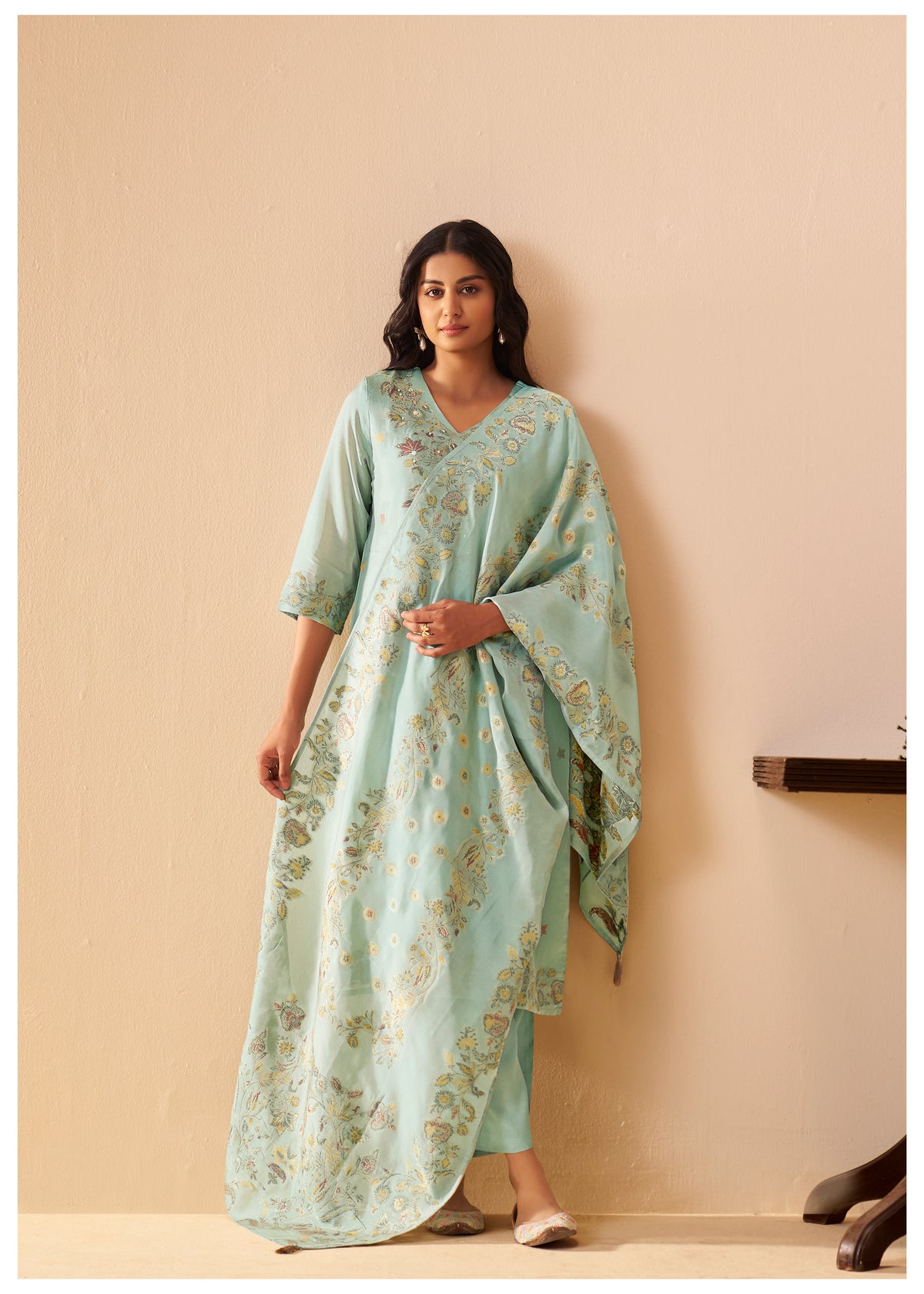 Chanderi Multi Meena Jacquard Kurti Set With Handwork | Viscose Bottom & Dupatta