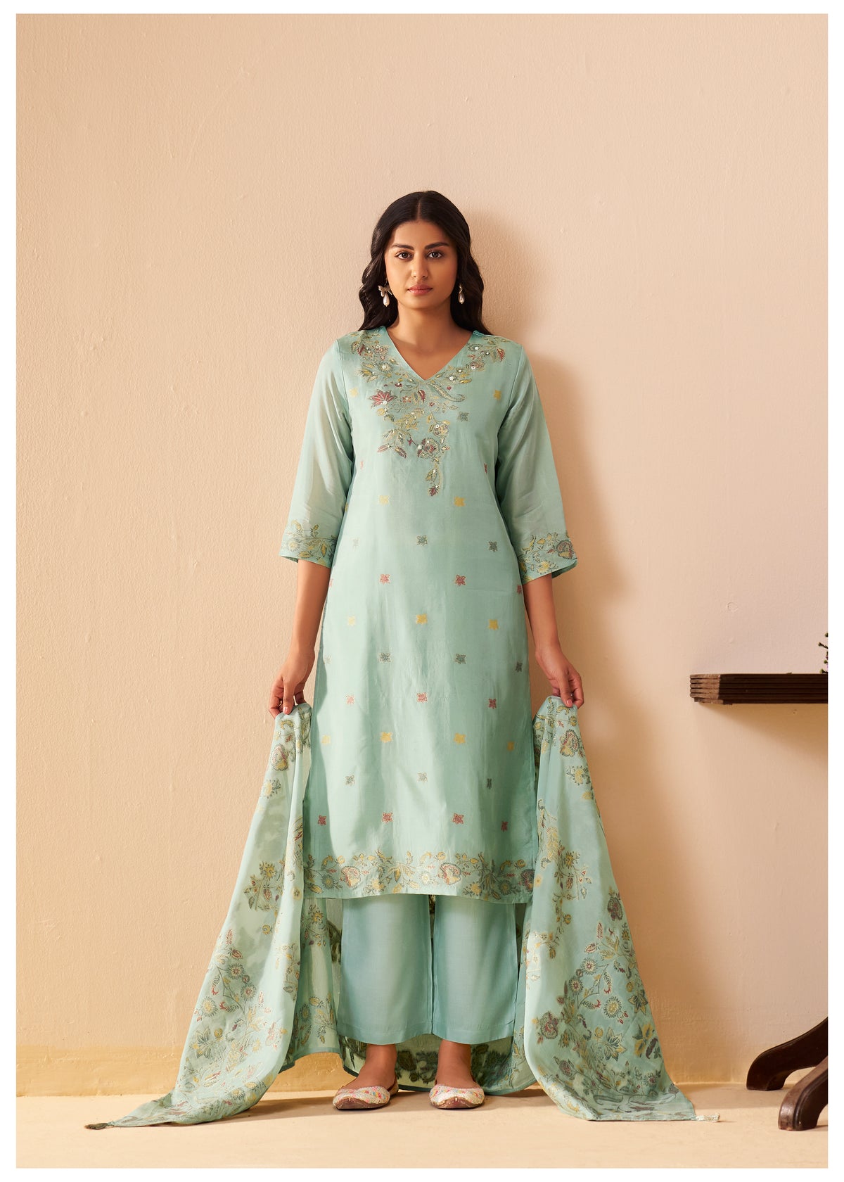 Chanderi Multi Meena Jacquard Kurti Set With Handwork | Viscose Bottom & Dupatta