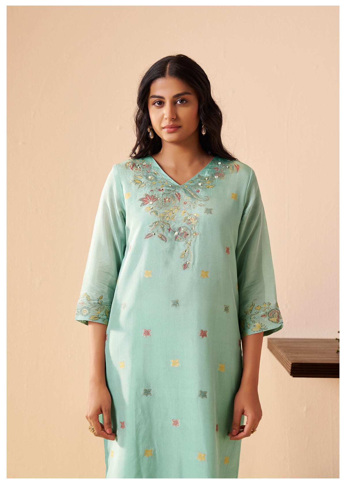 Chanderi Multi Meena Jacquard Kurti Set With Handwork | Viscose Bottom & Dupatta