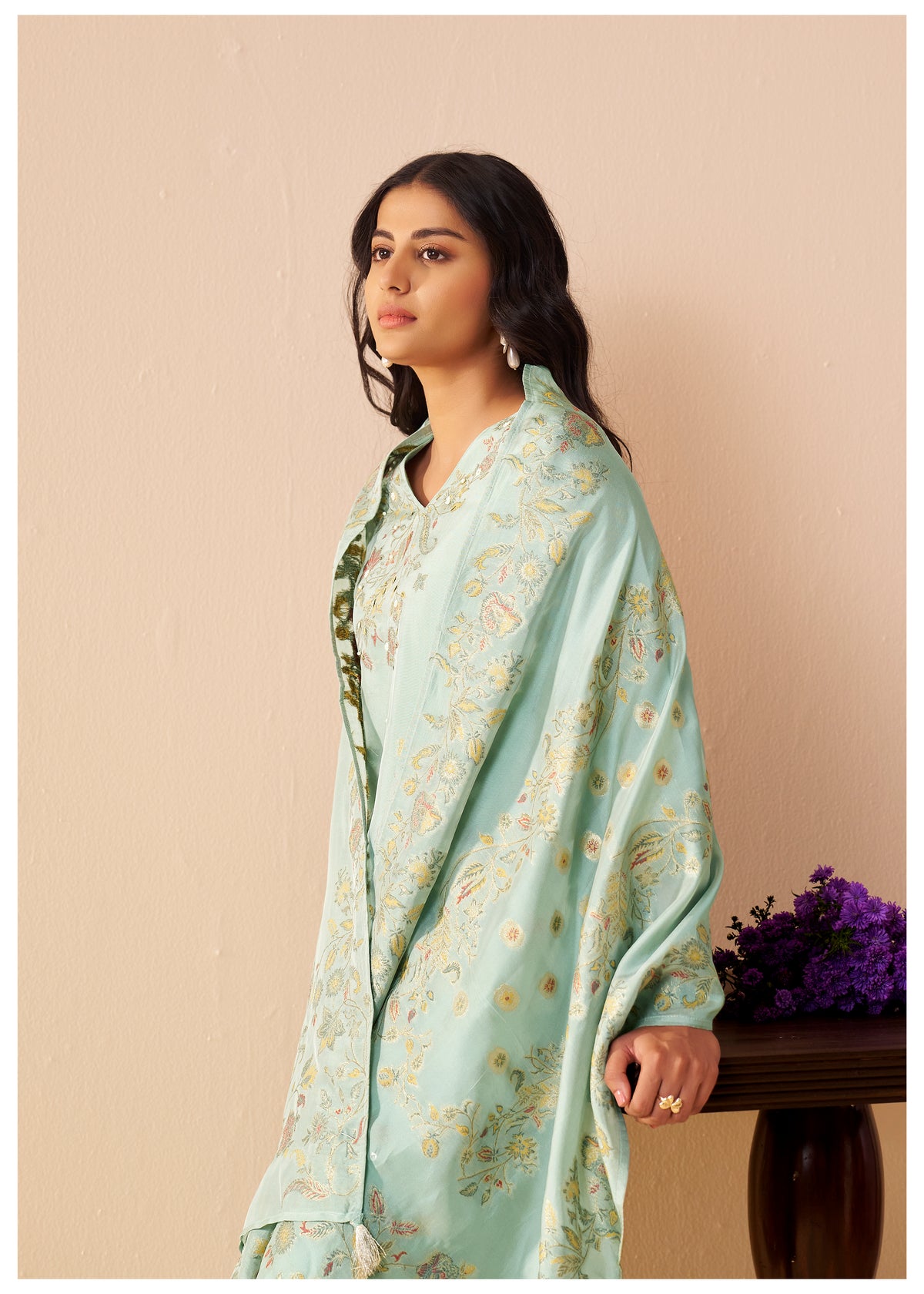 Chanderi Multi Meena Jacquard Kurti Set With Handwork | Viscose Bottom & Dupatta