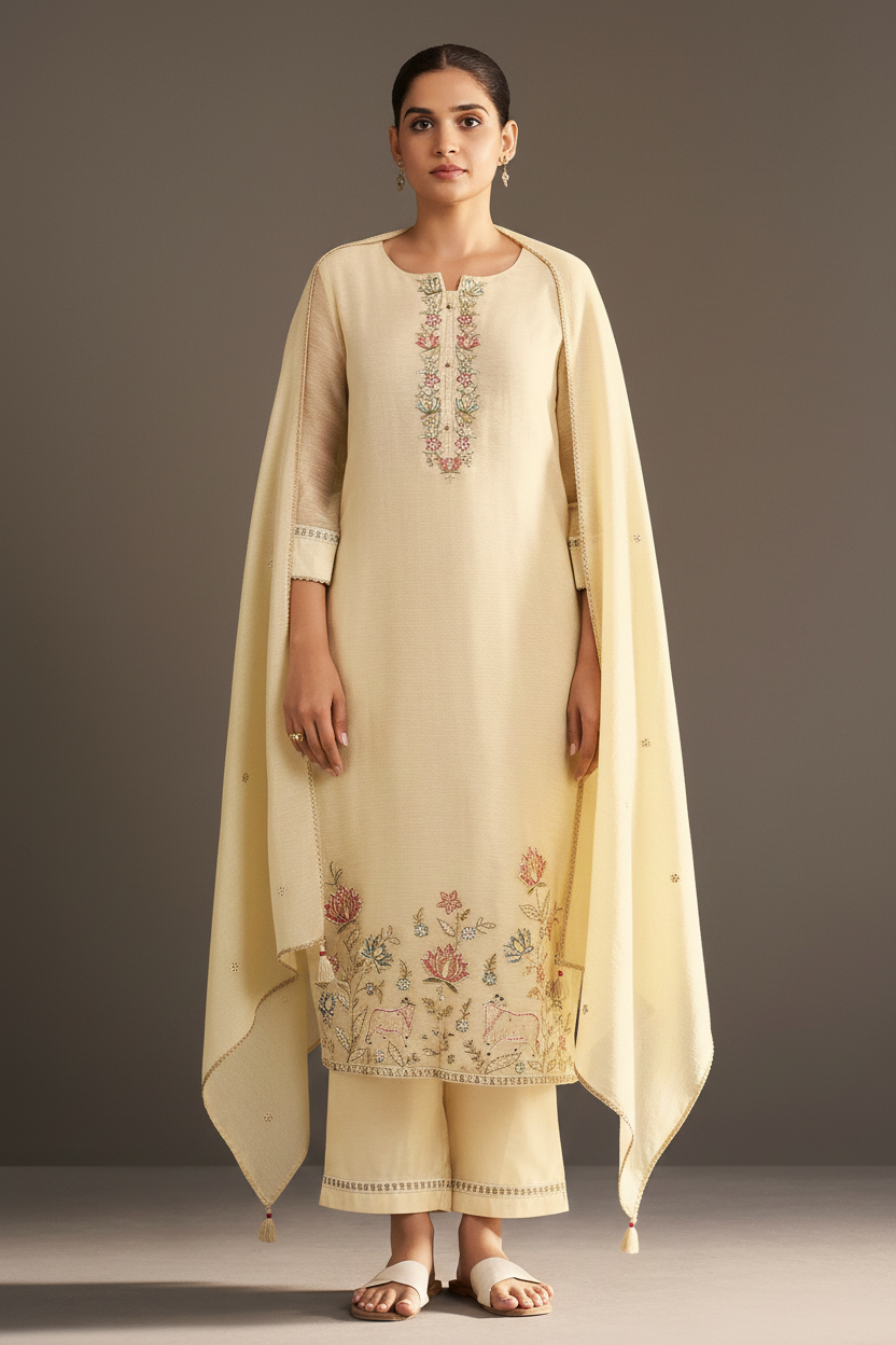Pearl Sand Shimmer Linen Embroidered Kurta Set