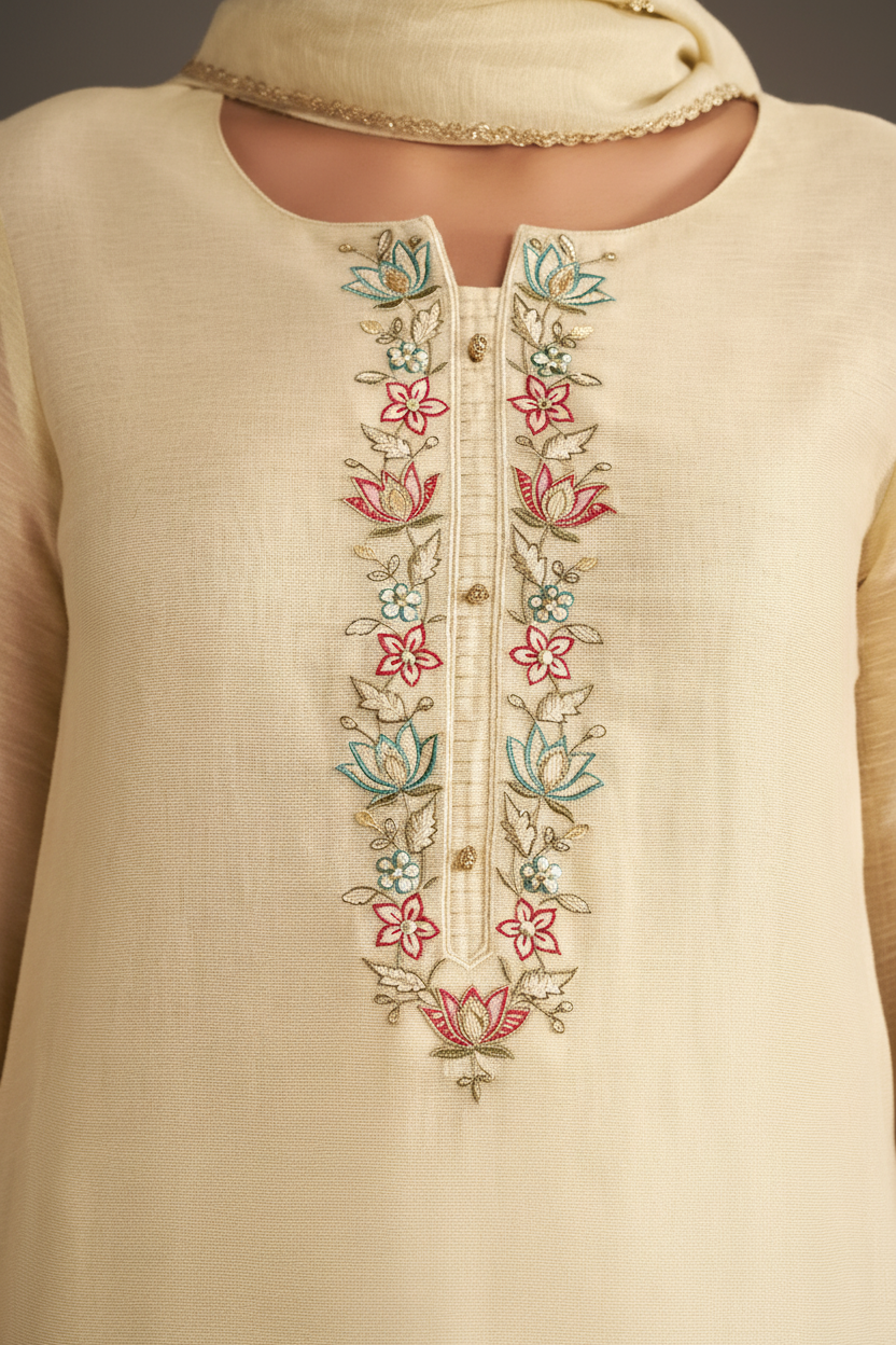 Pearl Sand Shimmer Linen Embroidered Kurta Set