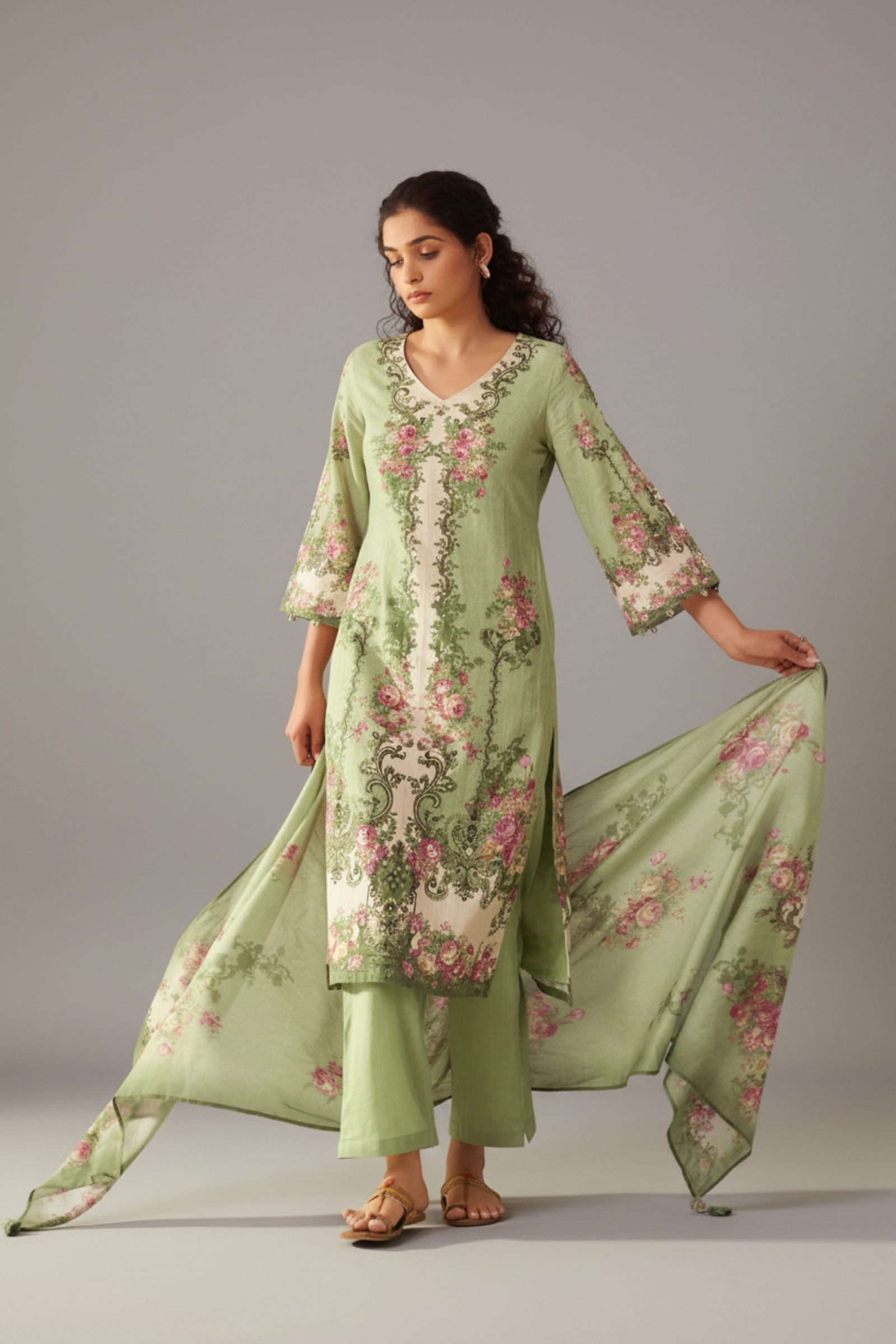 Green Cotton Linen Digital Print Straight Kurta Set with Cotton Mul Dupatta