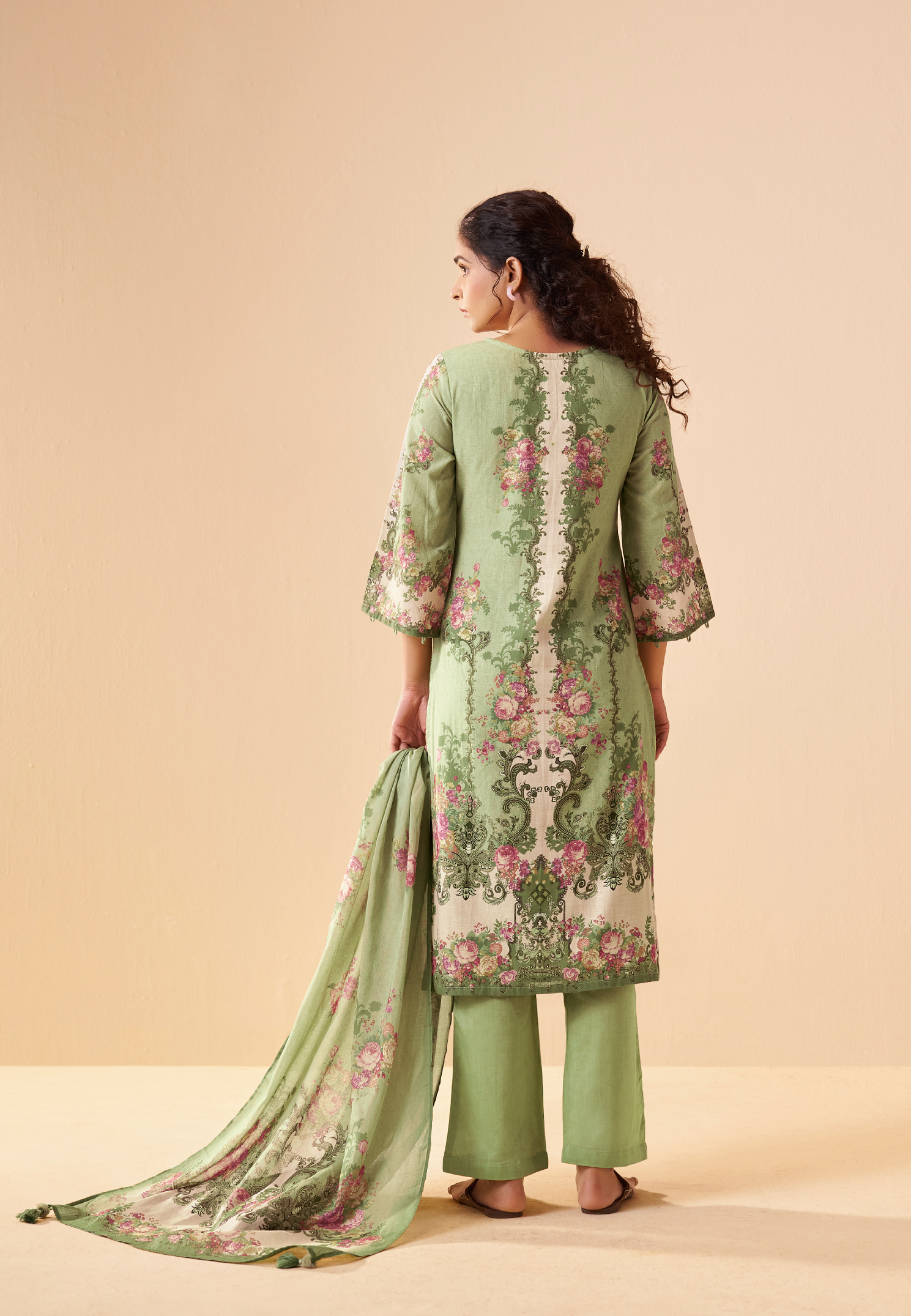 Green Cotton Linen Digital Print Straight Kurta Set with Cotton Mul Dupatta