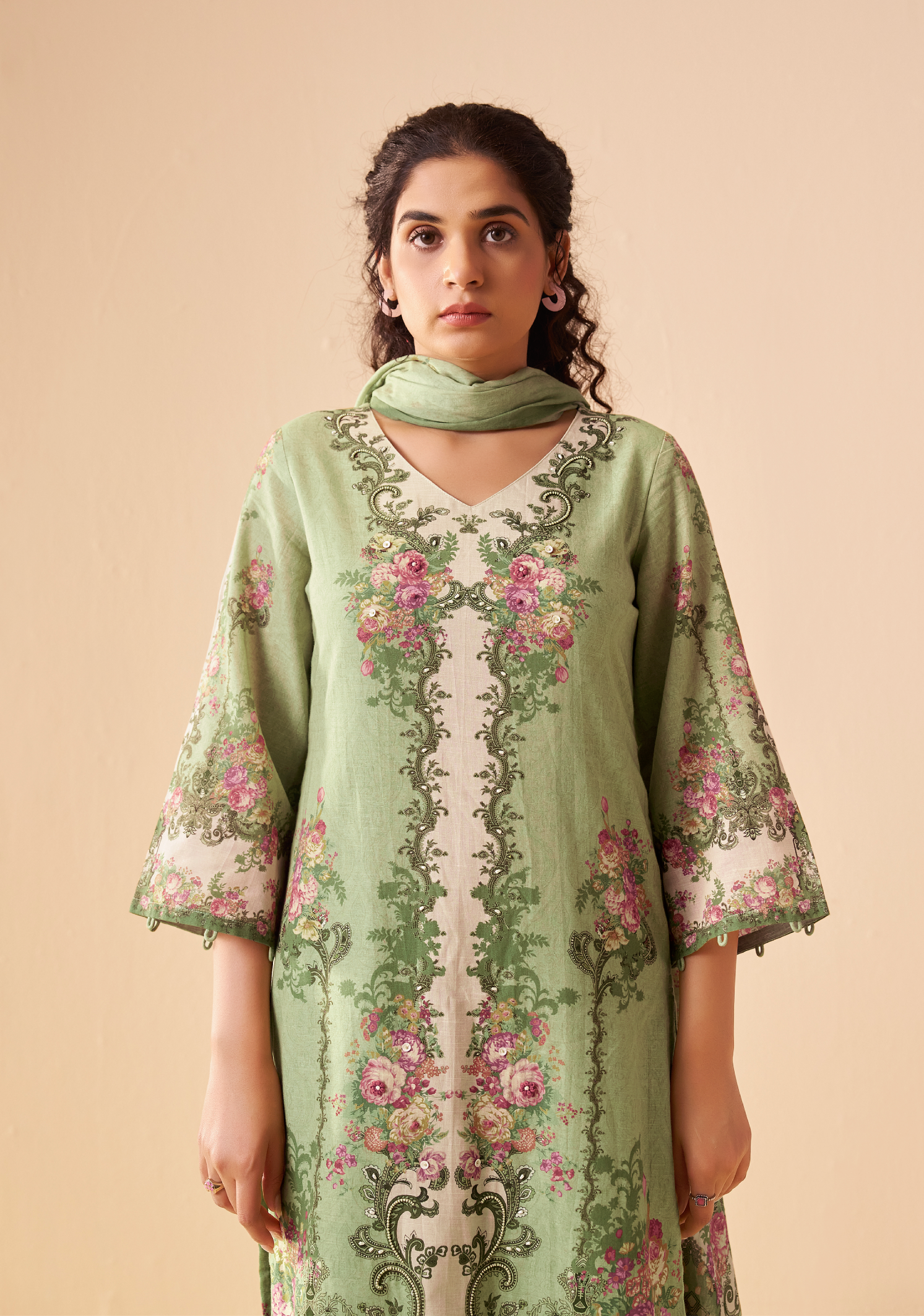 Green Cotton Linen Digital Print Straight Kurta Set with Cotton Mul Dupatta