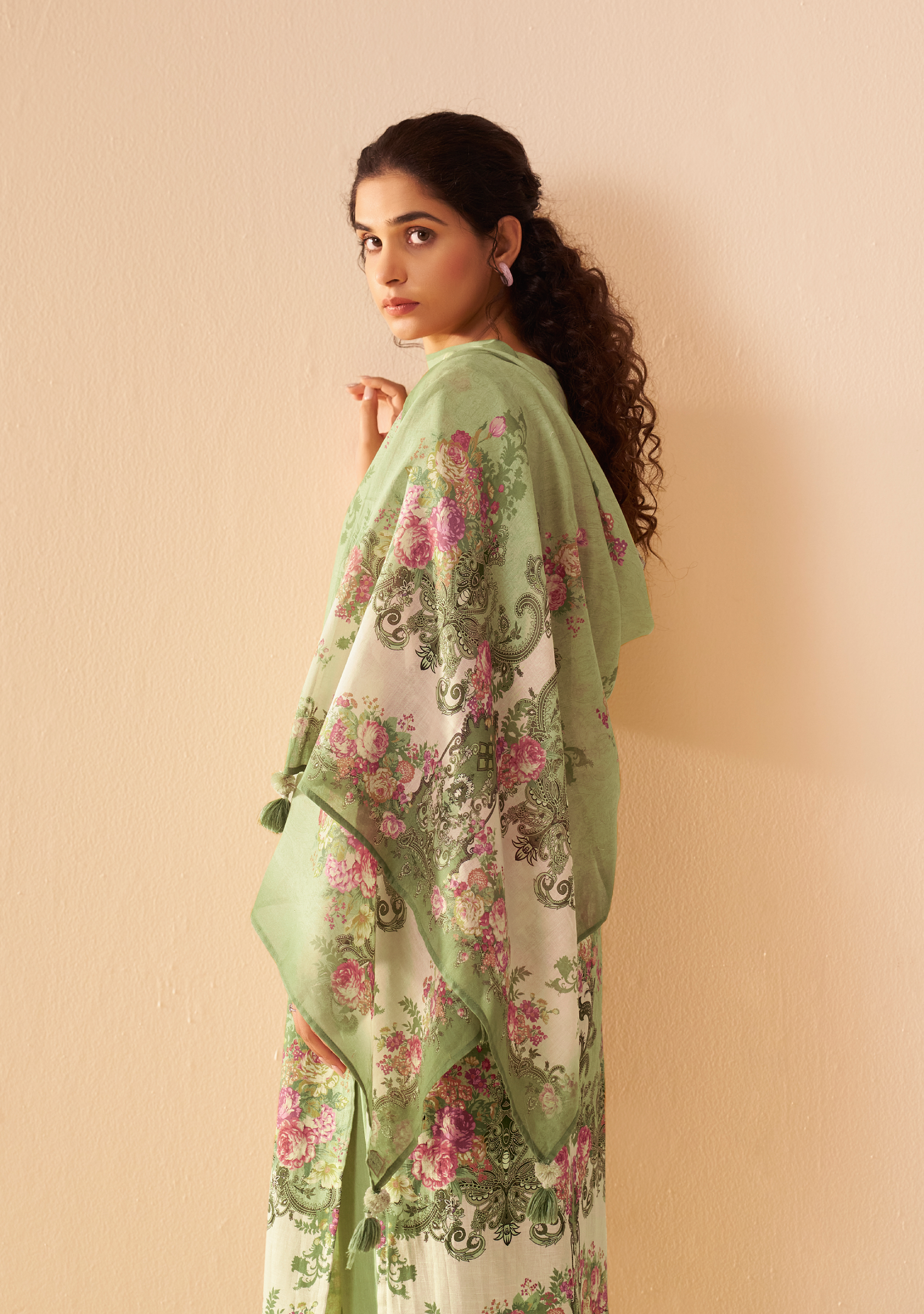 Green Cotton Linen Digital Print Straight Kurta Set with Cotton Mul Dupatta