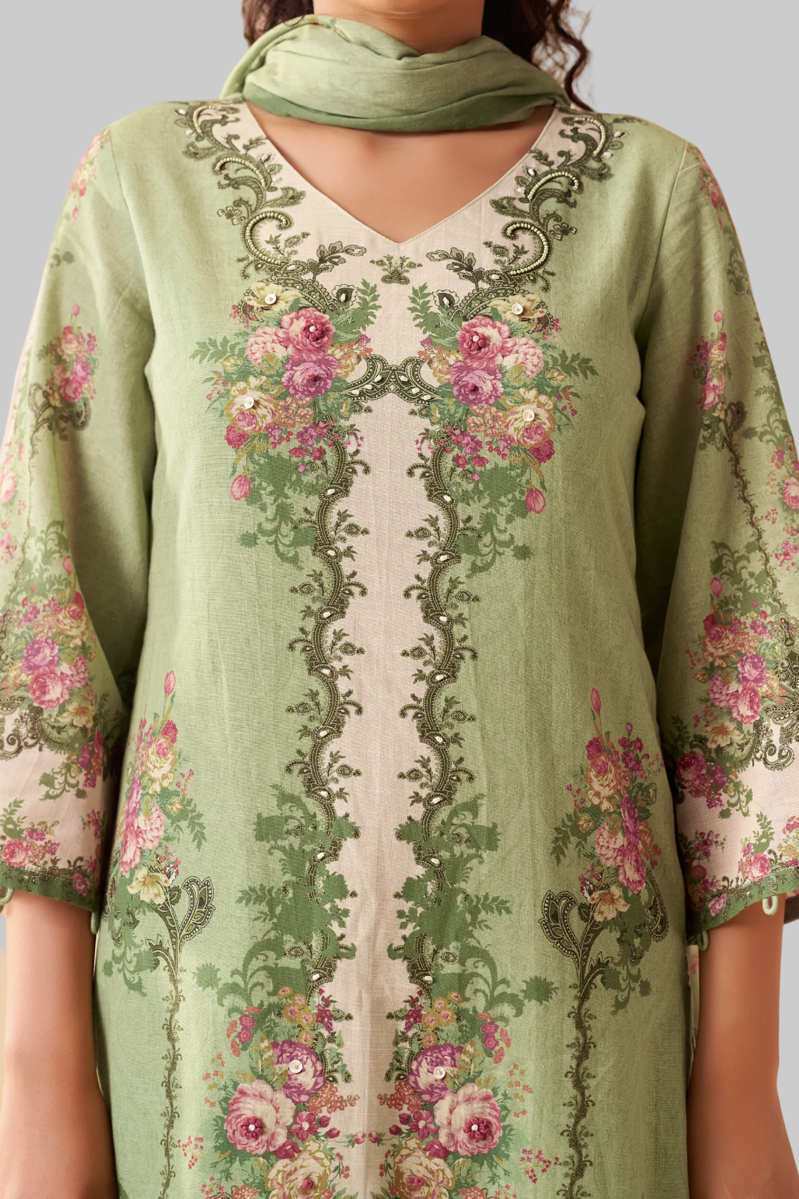 Green Cotton Linen Digital Print Straight Kurta Set with Cotton Mul Dupatta