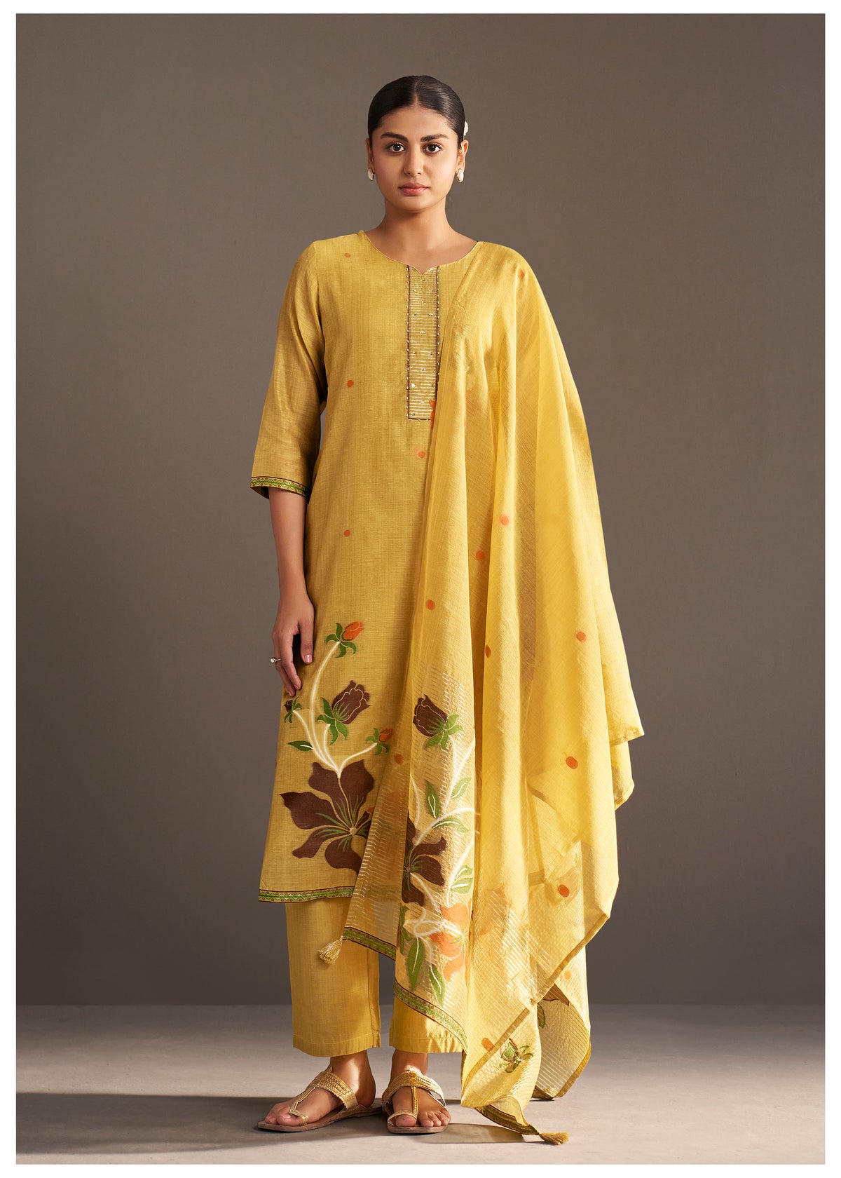 Chanderi Jacquard Kurti Set With Handwork | Cotton Bottom & Chanderi Jacquard Dupatta